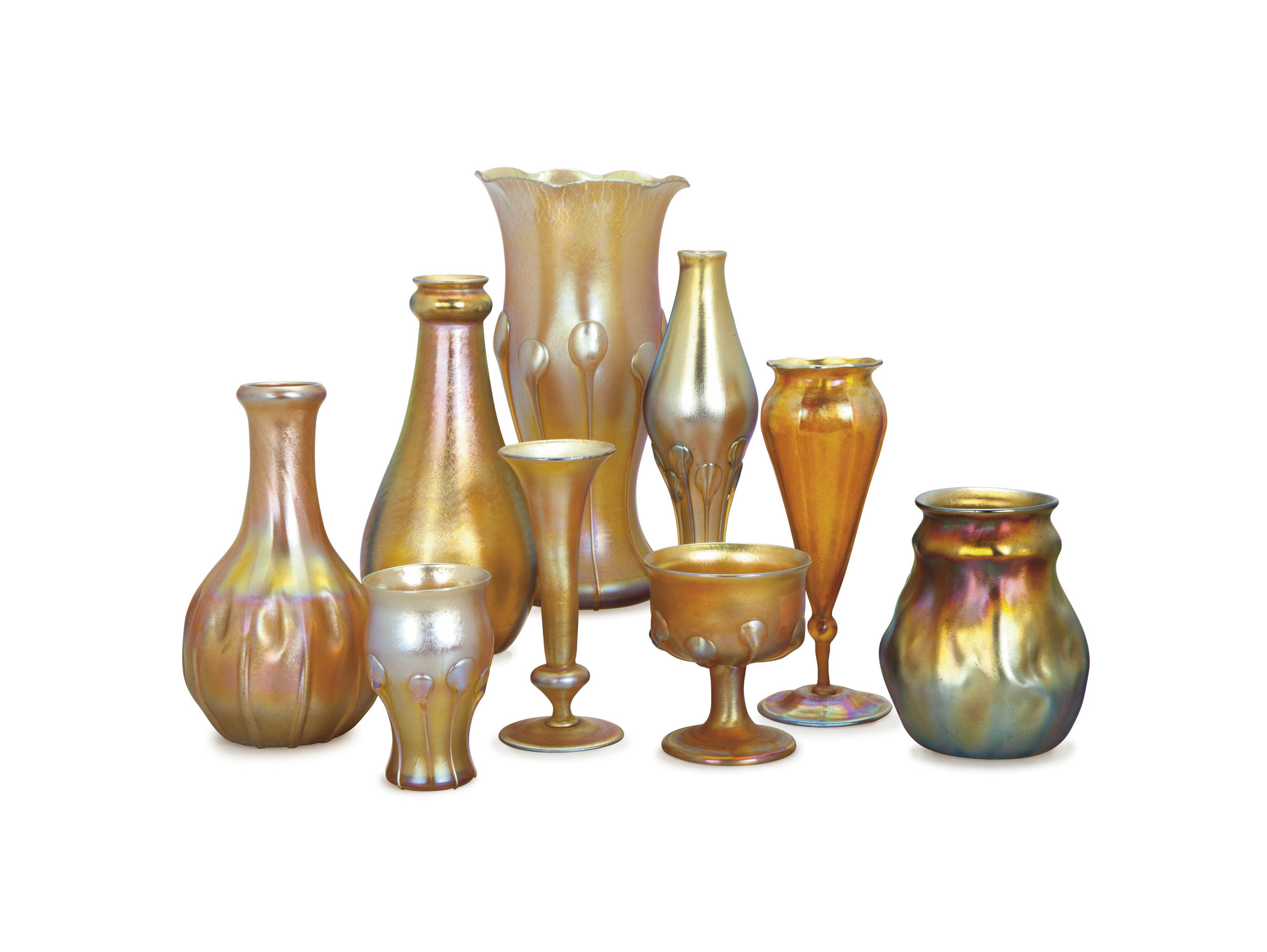 EIGHT AMERICAN FAVRILE GLASS VASES, AND A SMALL FAVRILE GLASS GOBLET
