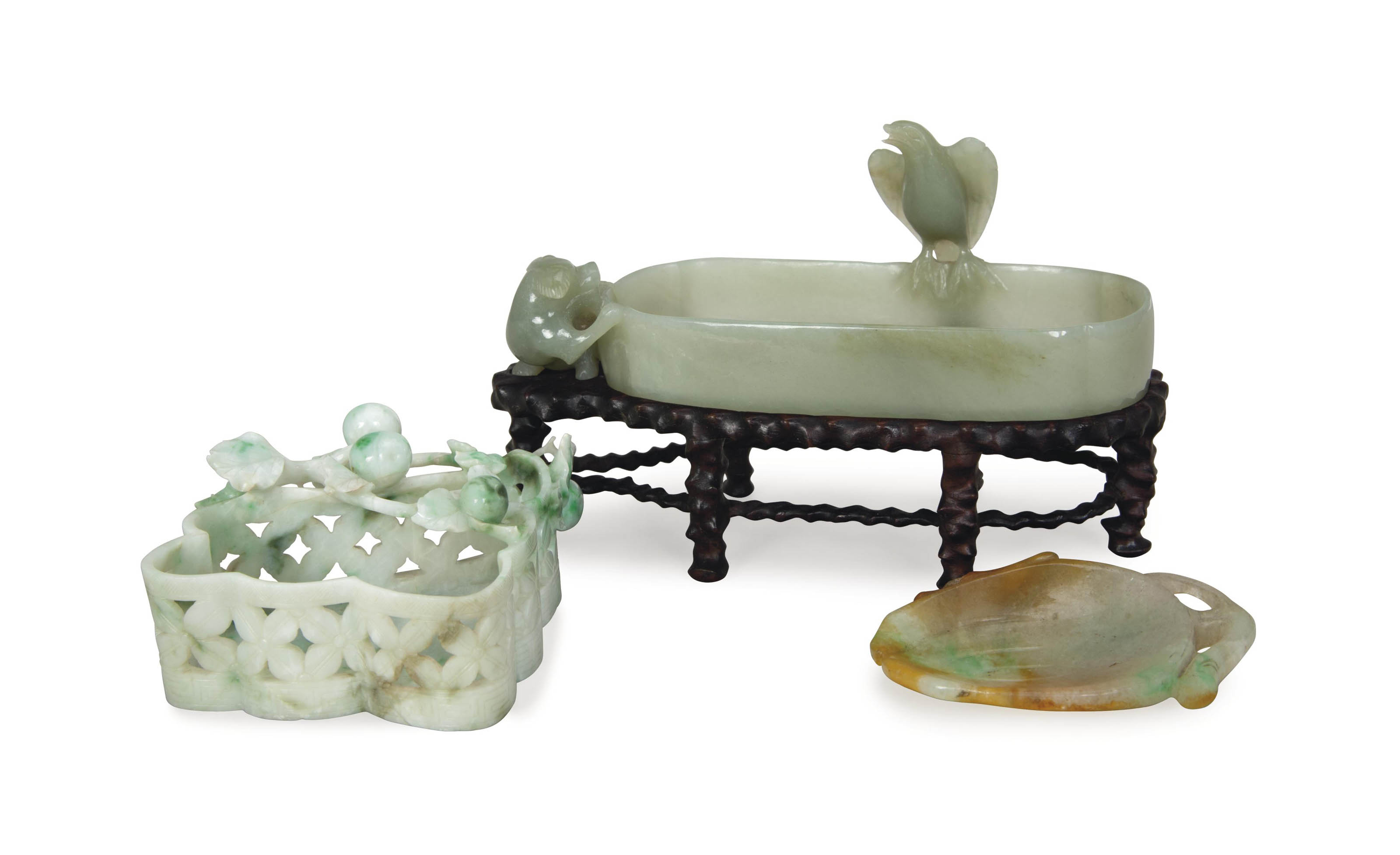 A CHINESE JADE OVAL DISH AND TWO SMALLER JADEITE DISHES, , 20TH CENTURY