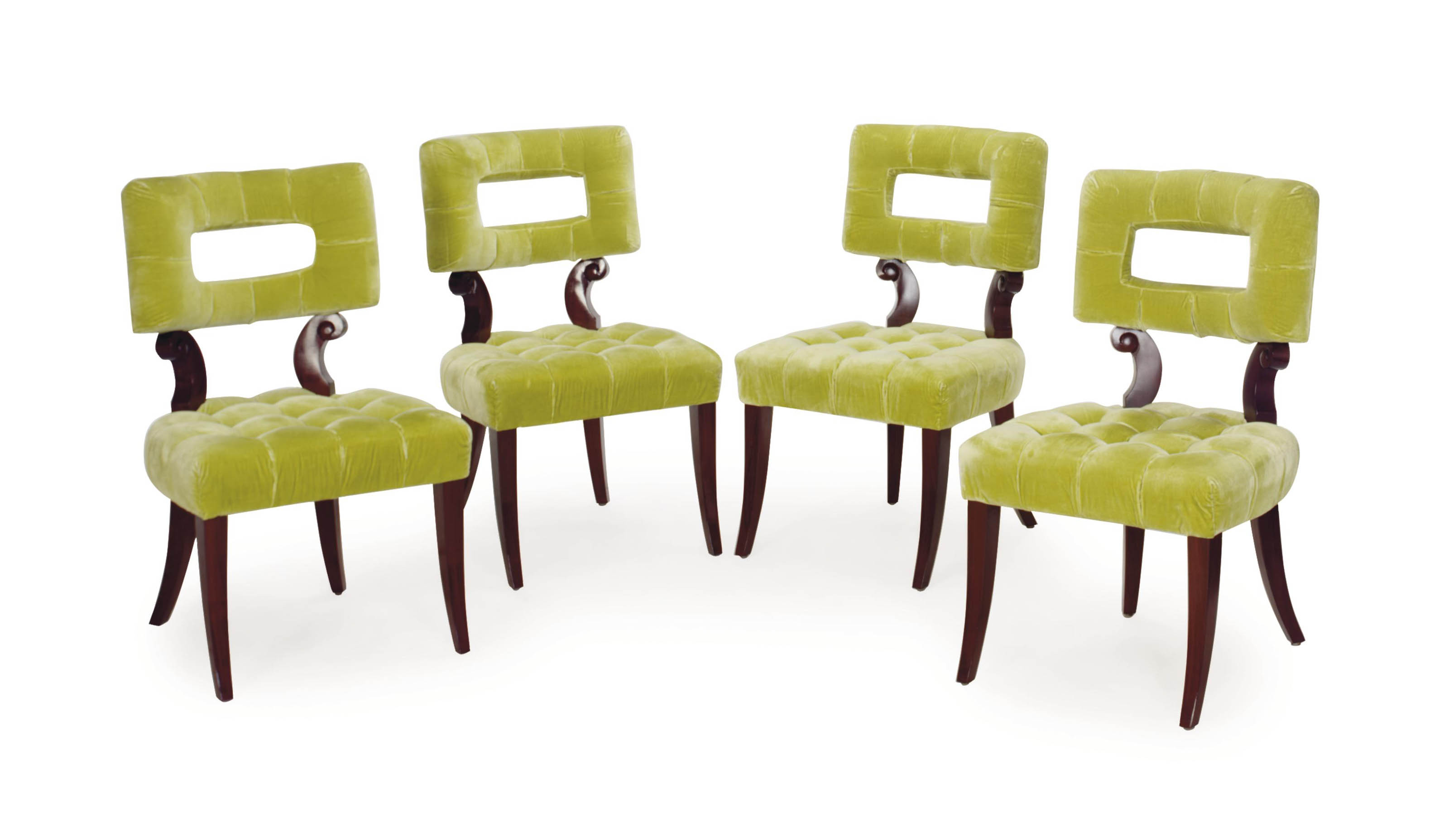 A SET OF TEN MAHOGANY AND LIMEGREEN VELVETUPHOLSTERED 'LAUREN' CHAIRS, , OF RECENT MANUFACTURE