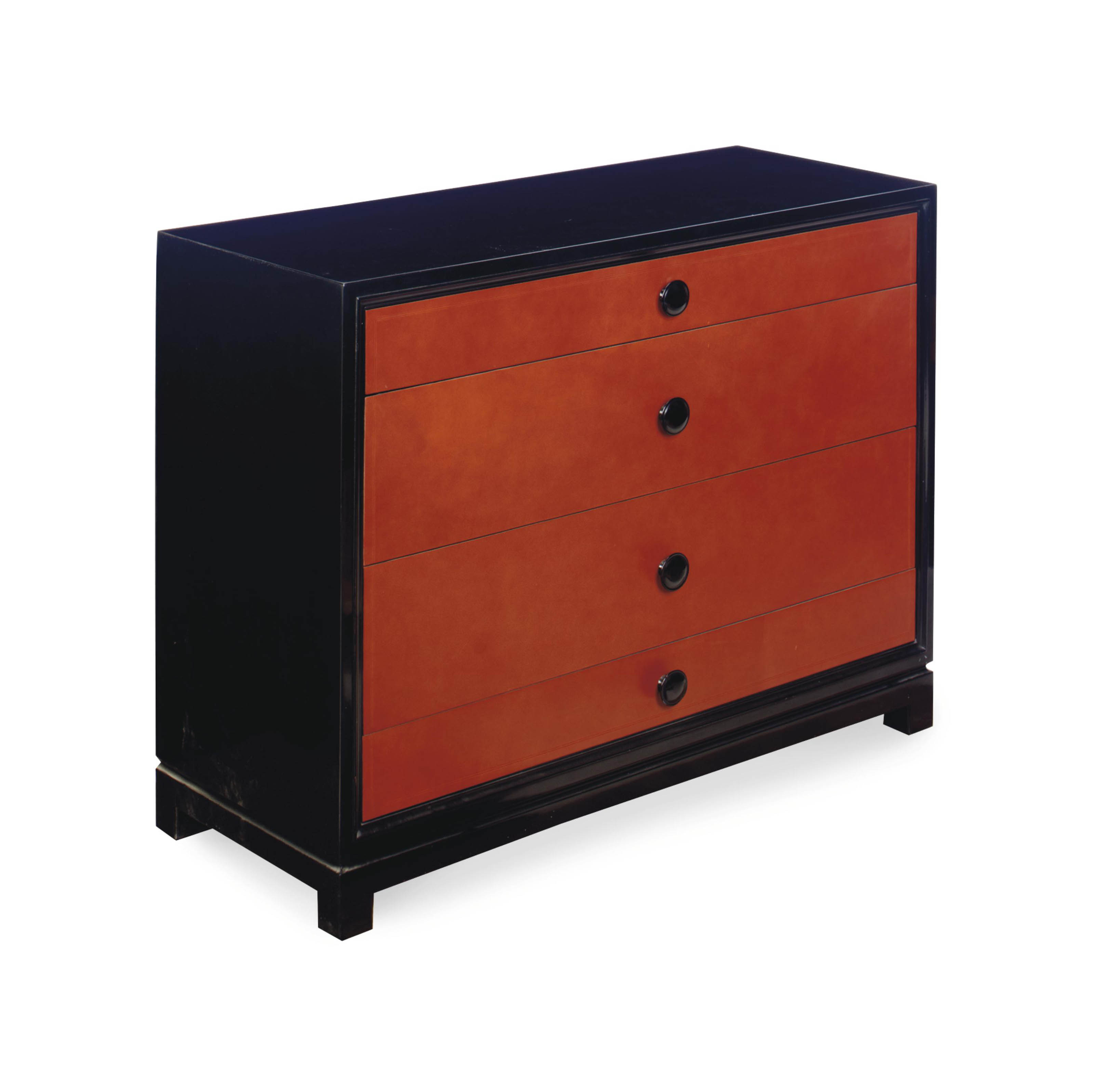 A Black Japanned And Red Leather Chest Of Drawers Designed By