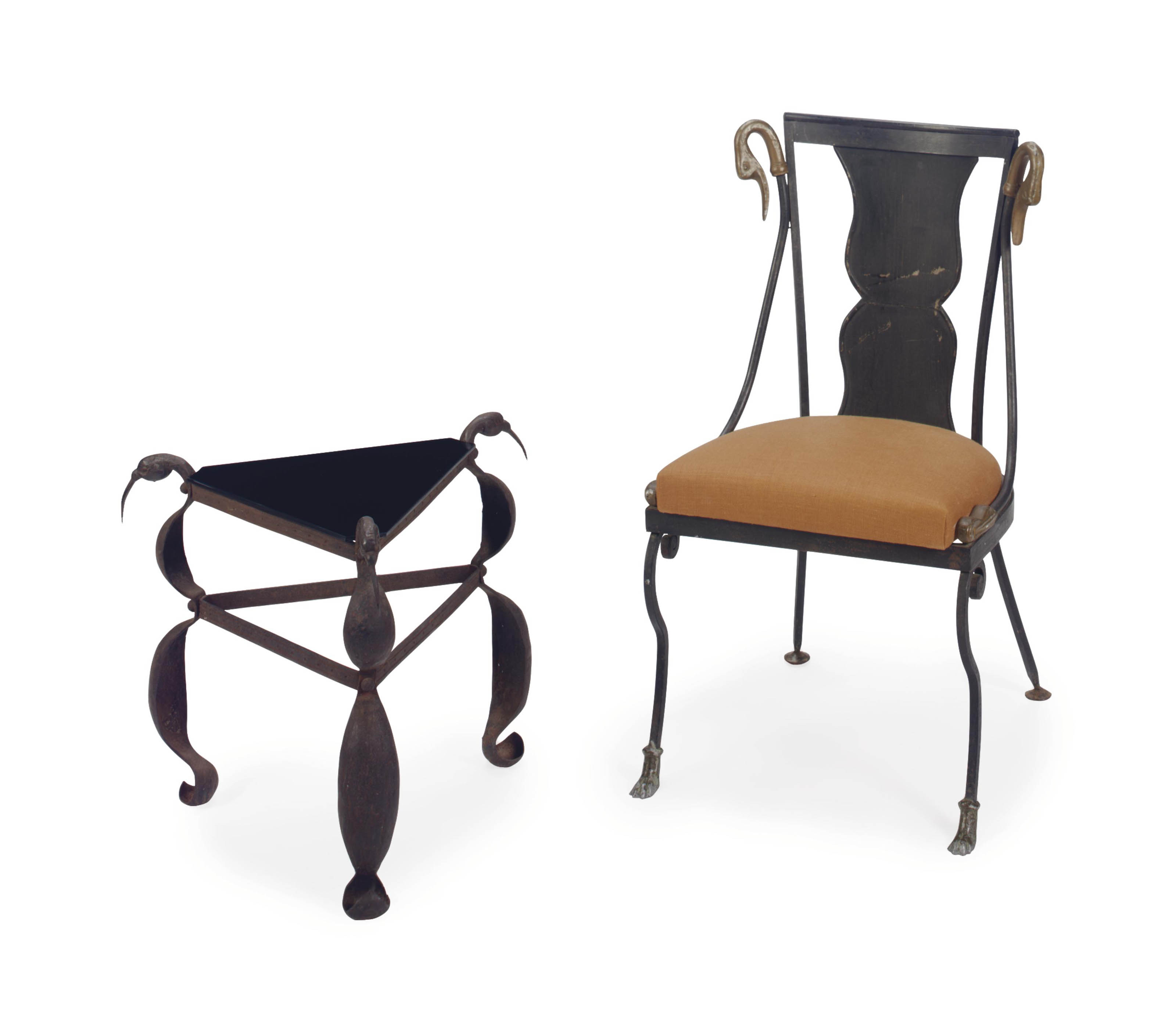 A French Wrought Iron And Parcel Gilt Side Chair And A