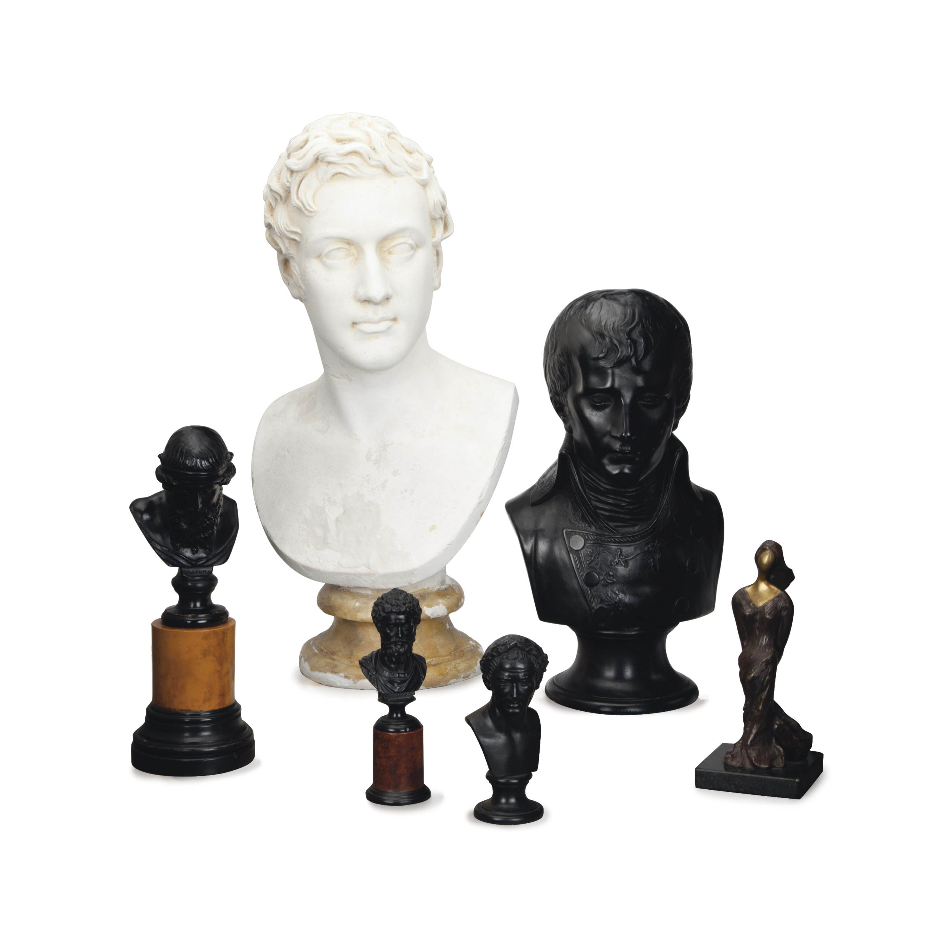 A GROUP OF FOUR ITALIAN EBONIZED AND FAUX MARBLE BUSTS OF HISTORICAL