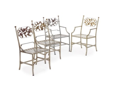 AN AMERICAN ASSEMBLED SET OF SEVEN ALUMINUM AND GILT-COPPER DINING CHAIRS,