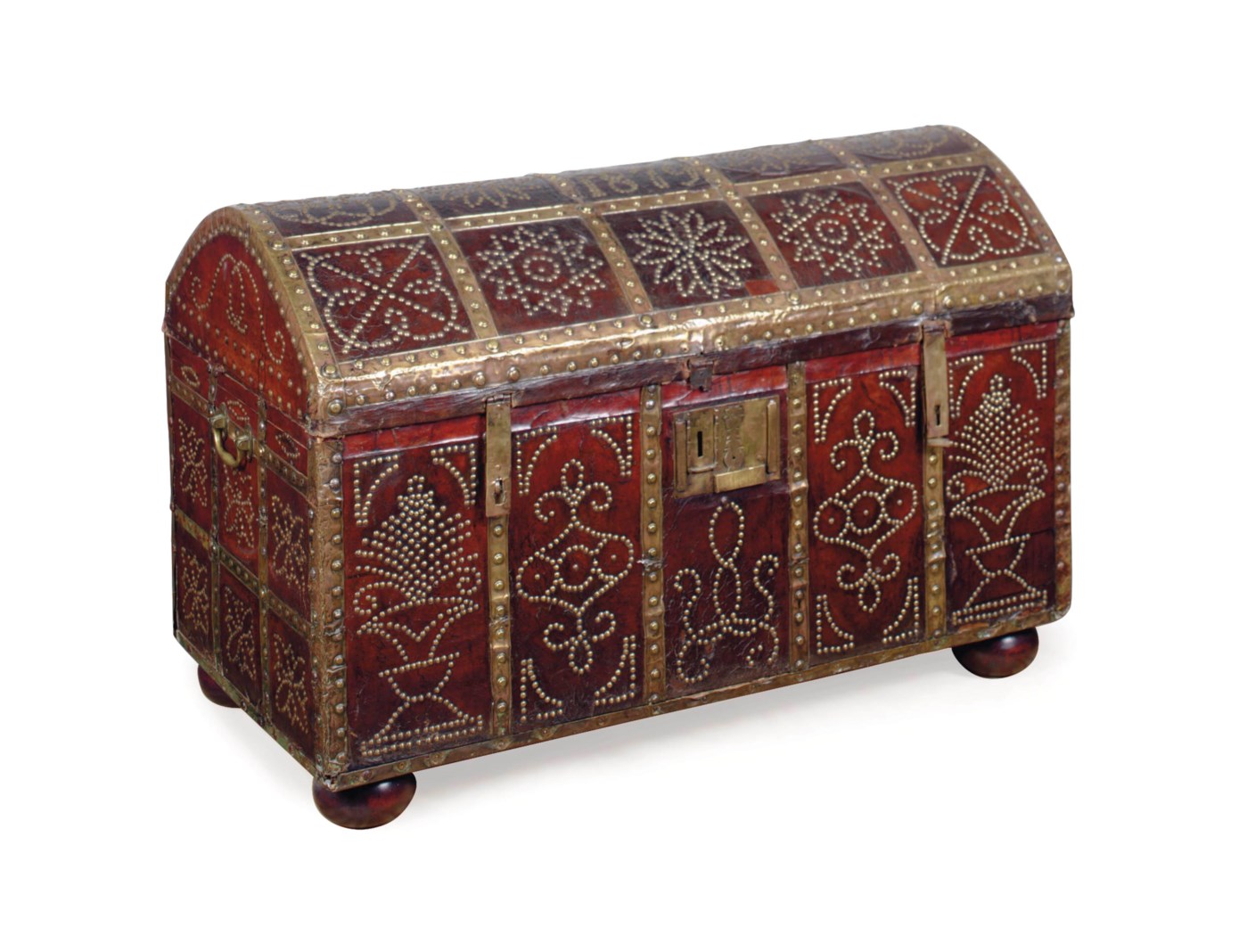 A CONTINENTAL BRASS BOUND AND STUDDED LEATHERCOVERED DOMETOP CHEST