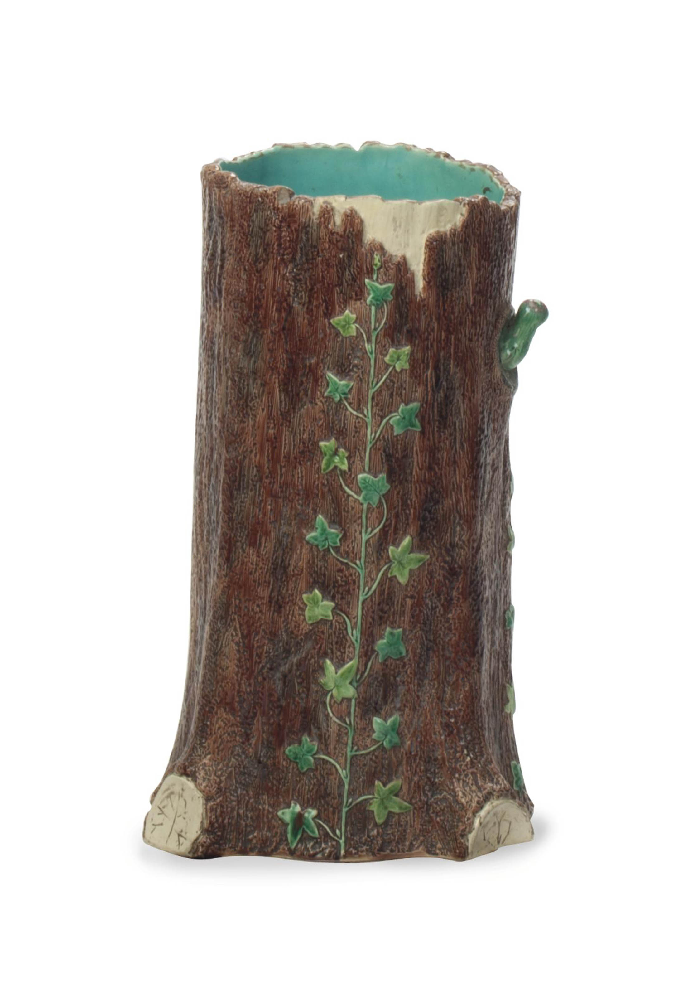 AN ENGLISH MAJOLICA TREE TRUNKFORM UMBRELLA STAND, , IMPRESSED