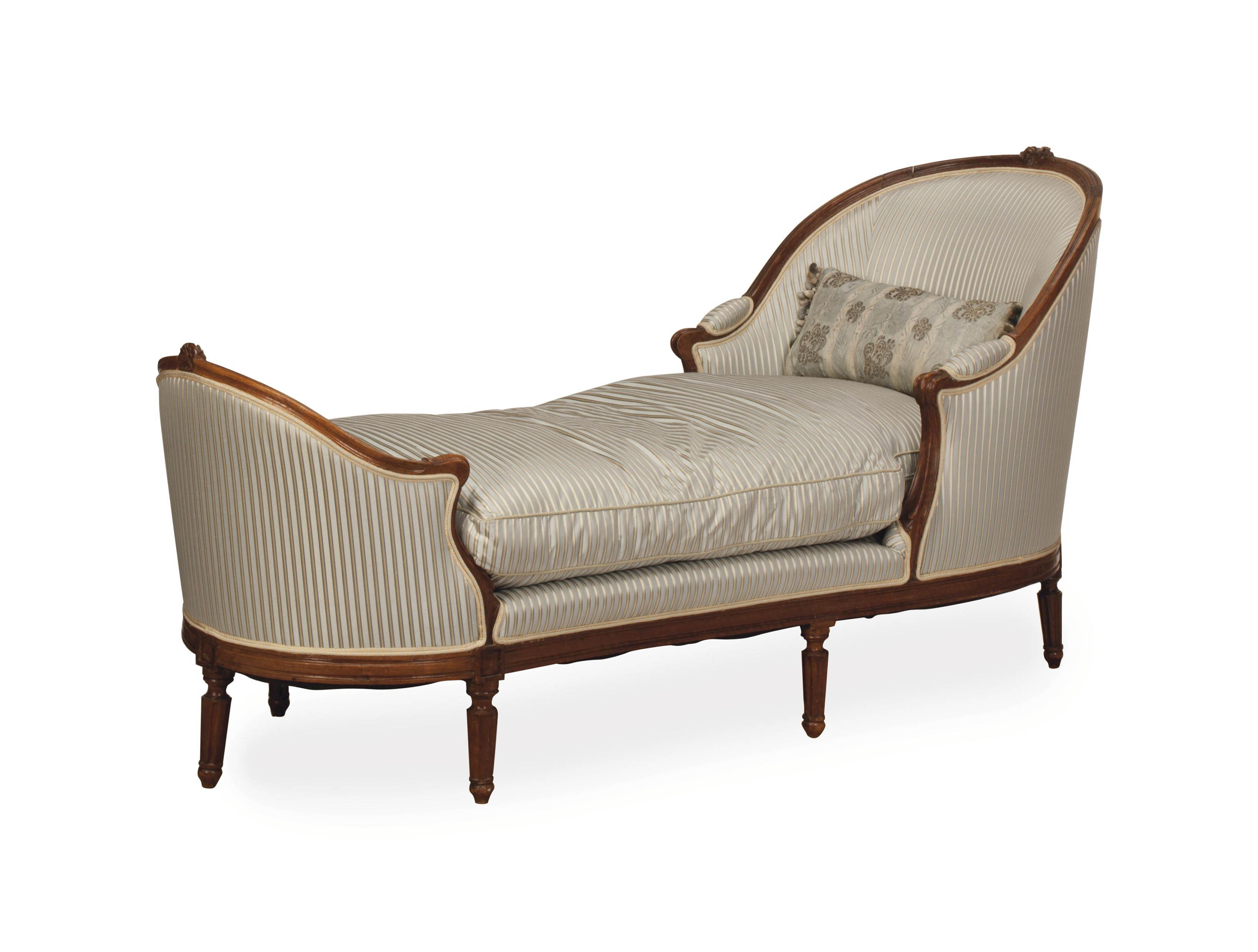 A FRENCH MAHOGANY AND LIGHT BLUE STRIPED SILKUPHOLSTERED CHAISE LOUNGE