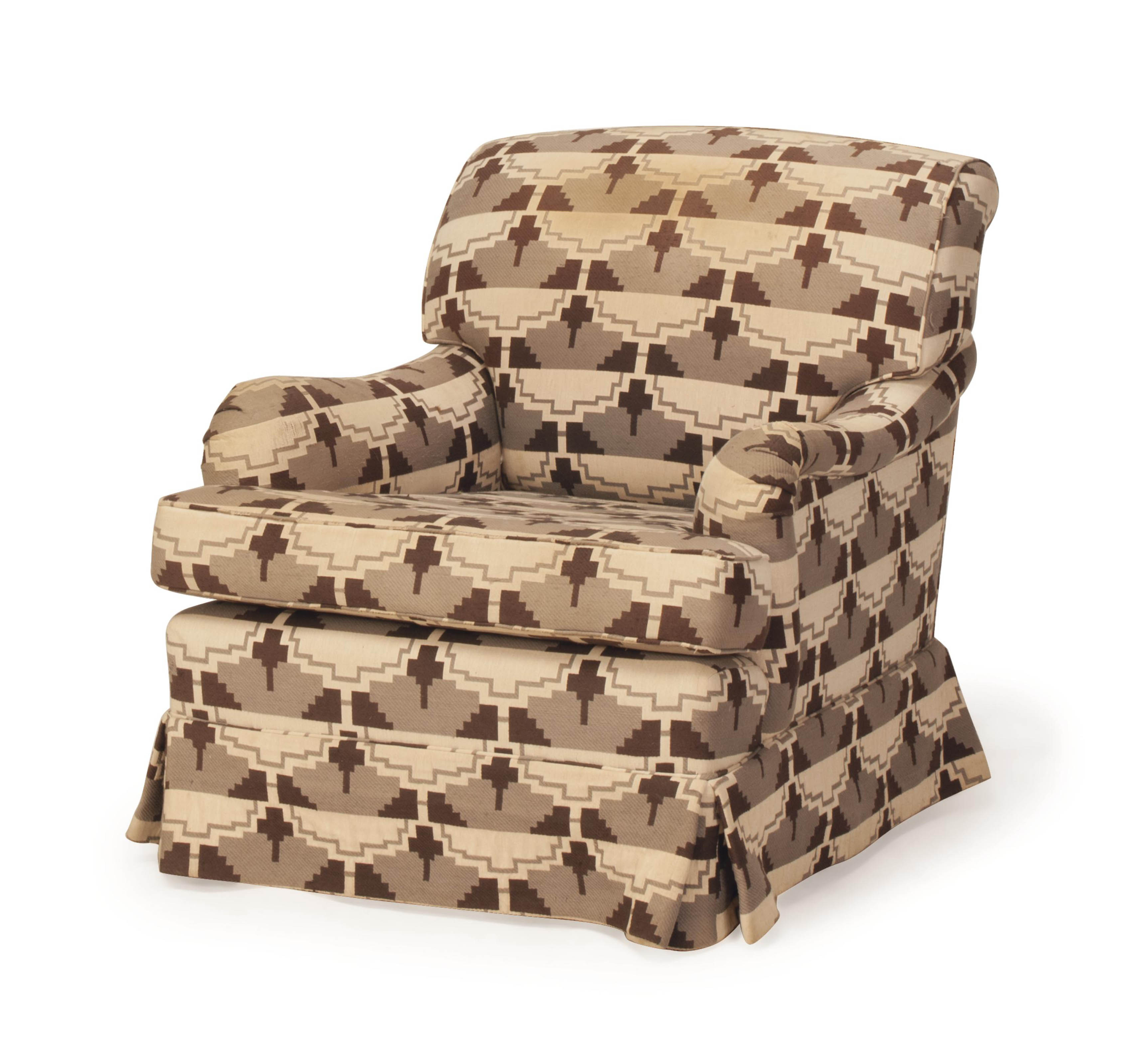 A BROWN, GREY AND CREAM-PATTERNED PLUSH-UPHOLSTERED CLUB CHAIR, , LATE
