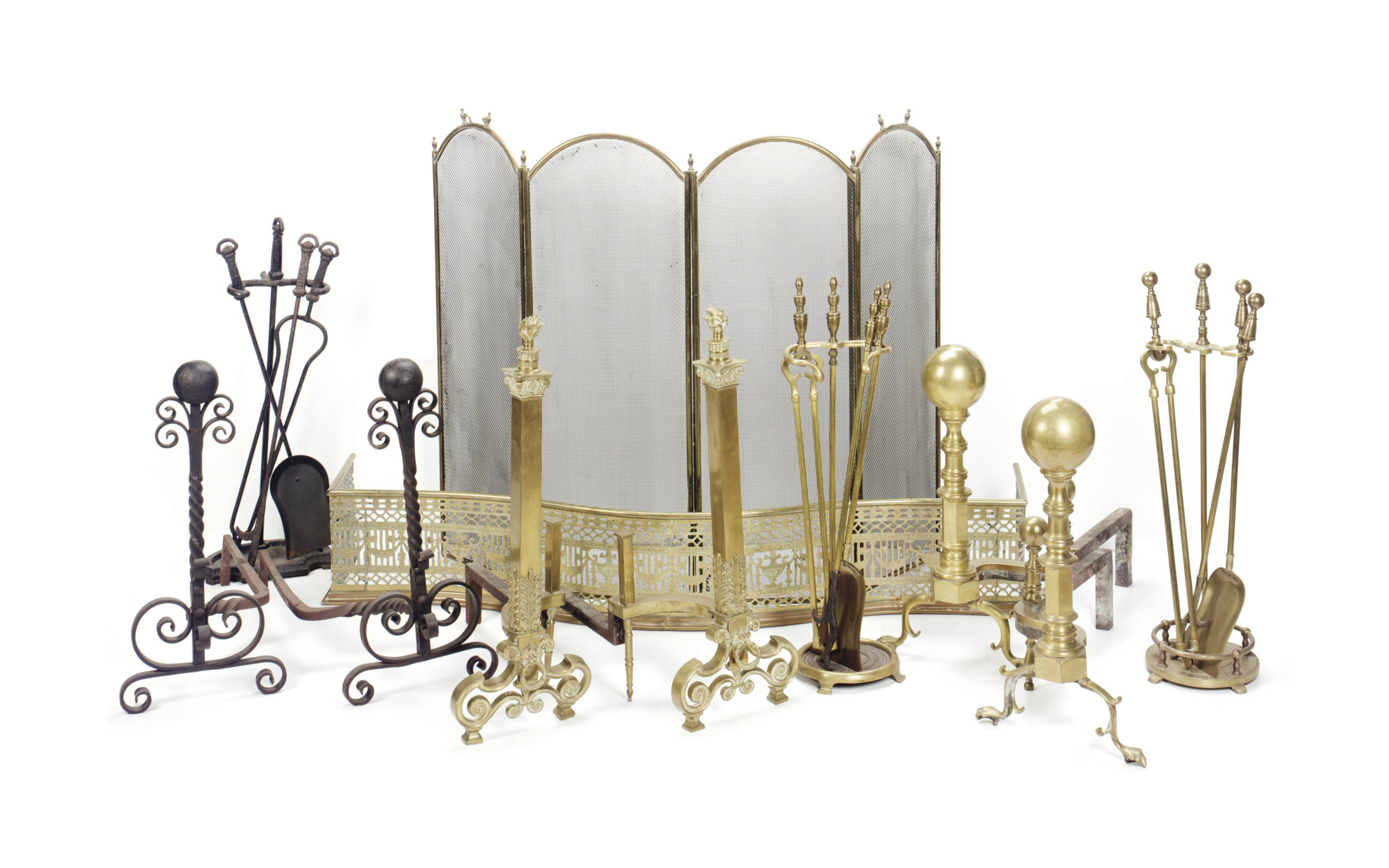 A Collection Of Brass And Wrought Iron Fireplace Tools 20th