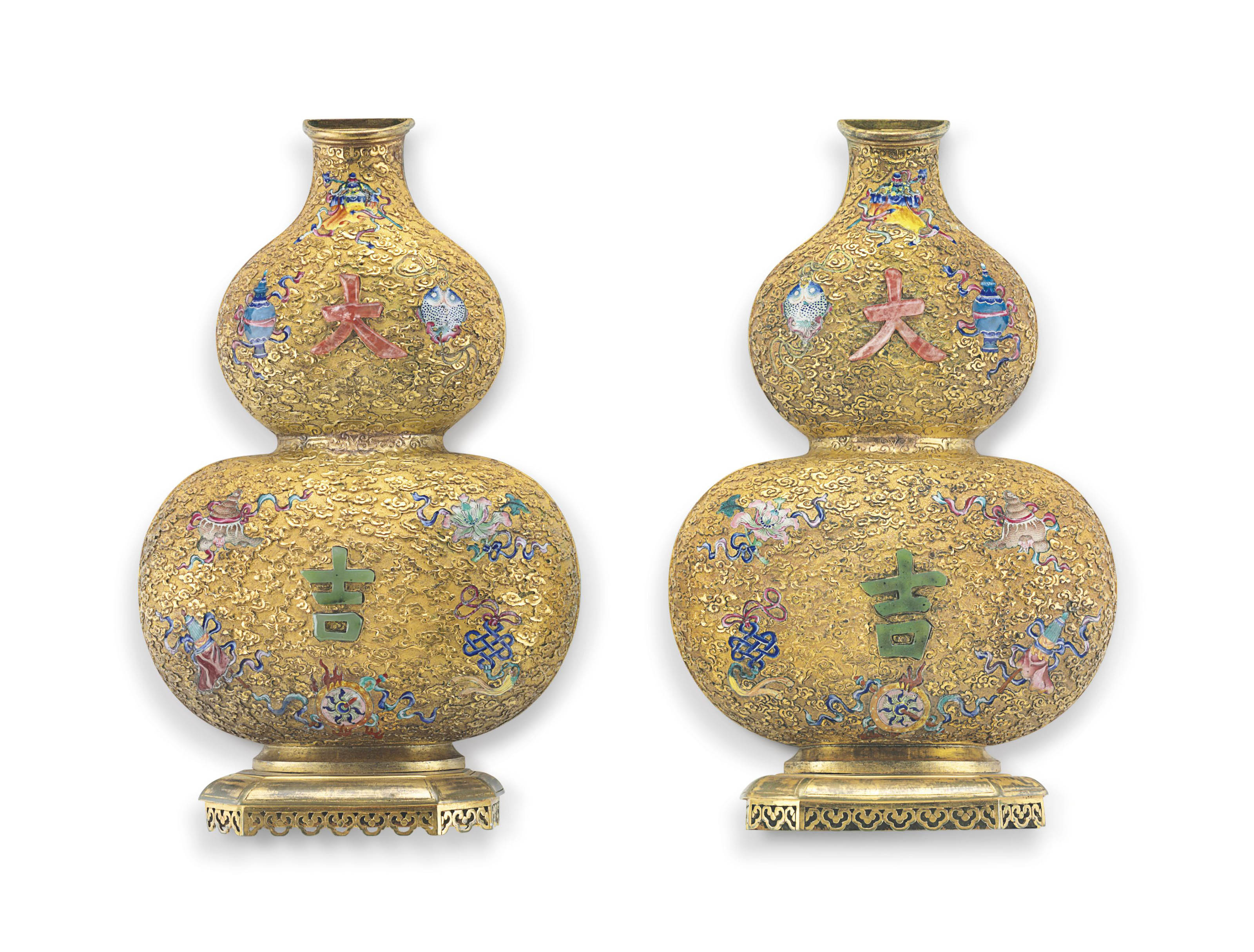 A RARE PAIR OF EMBELLISHED GILT REPOUSSE COPPER WALL VASES , QIANLONG