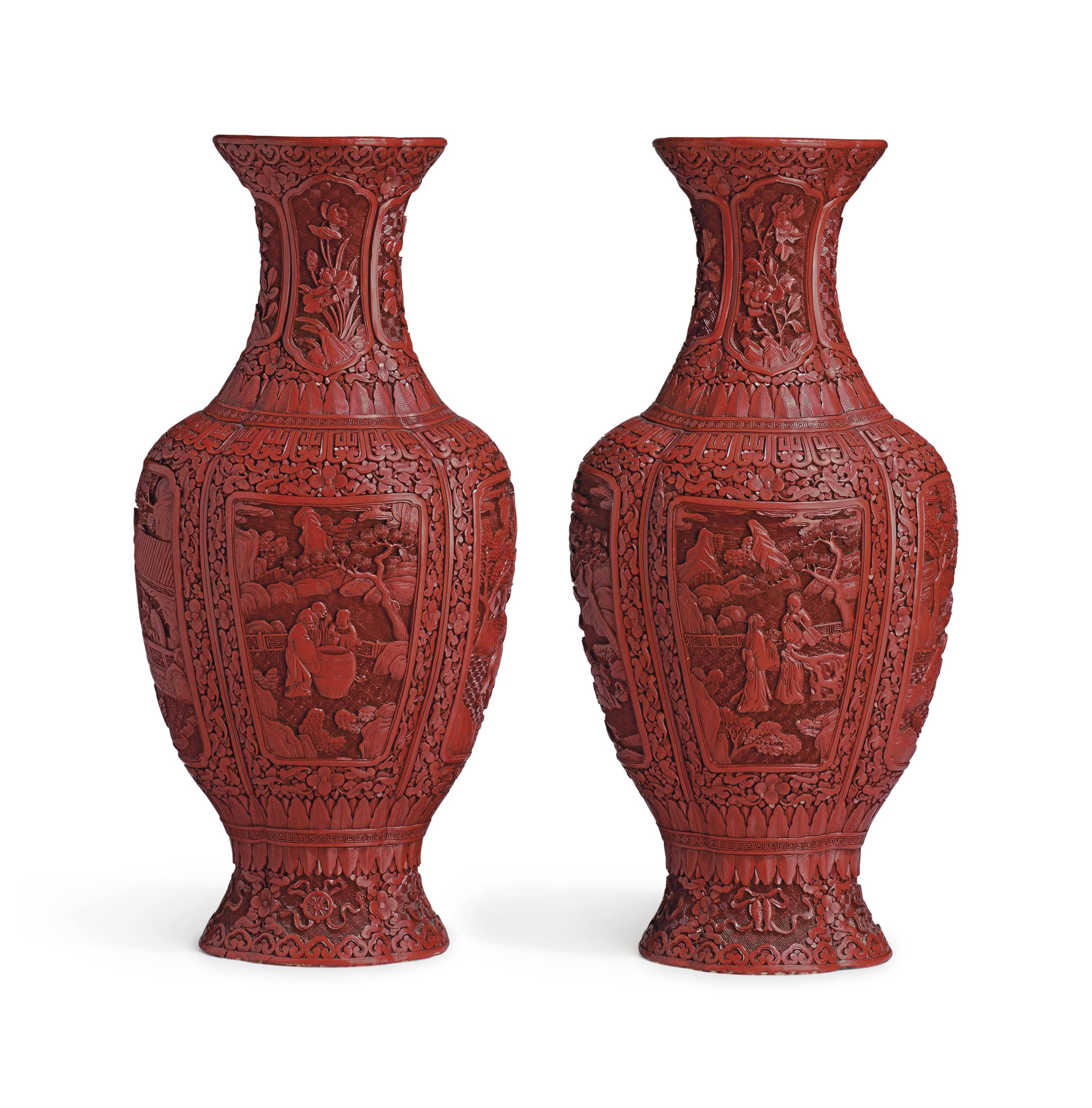 A Pair Of Carved Red Lacquer Lobed Baluster Vases 19th Century