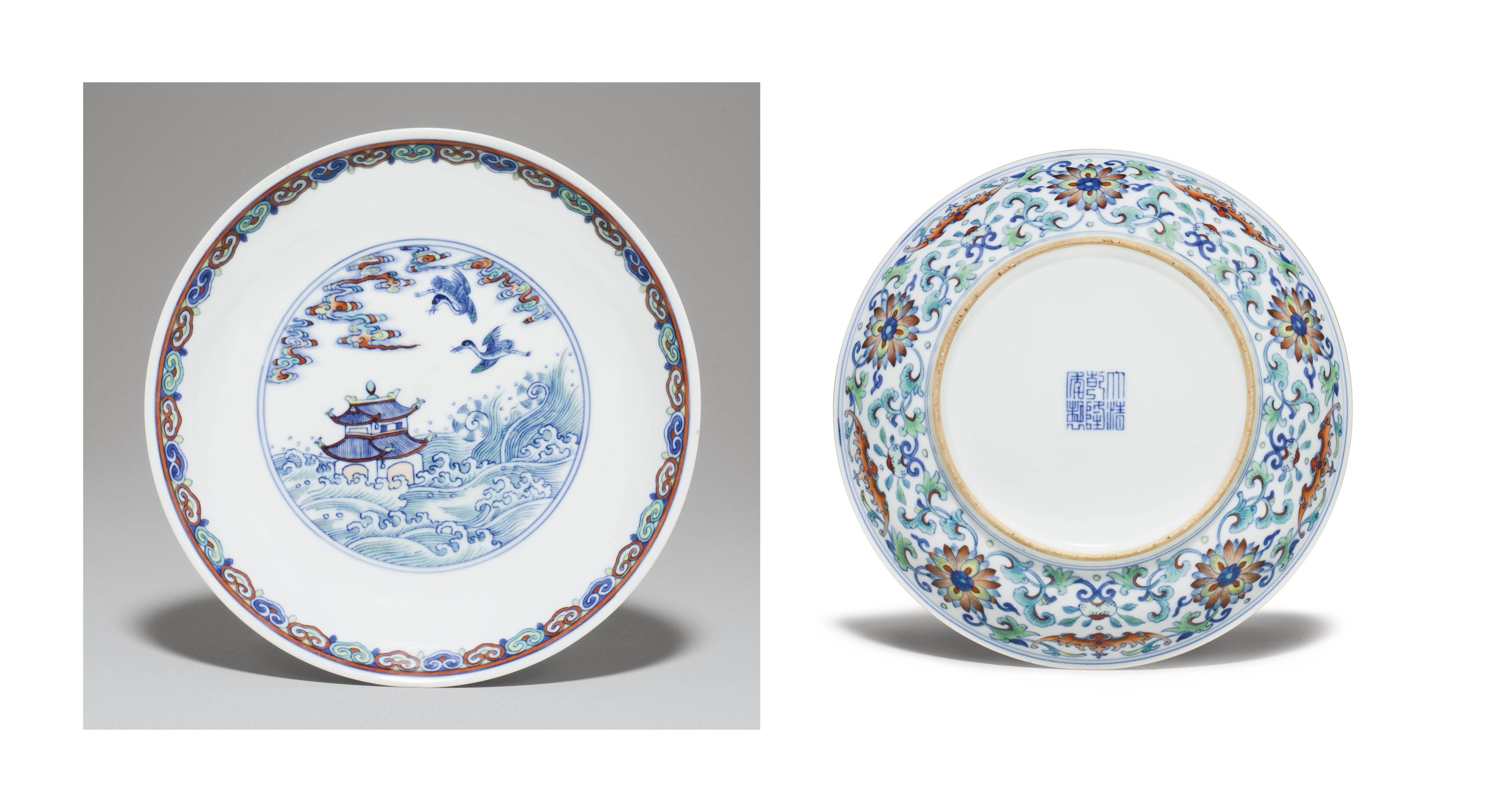 A RARE DOUCAI DISH , QIANLONG SEAL MARK IN UNDERGLAZE BLUE AND OF THE
