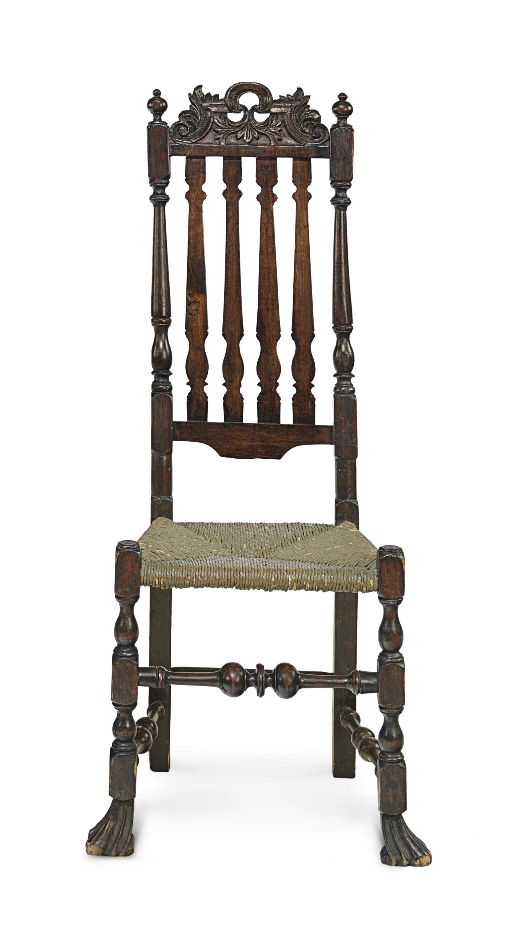 A William And Mary Carved Maple Bannister Back Rush Seat Side