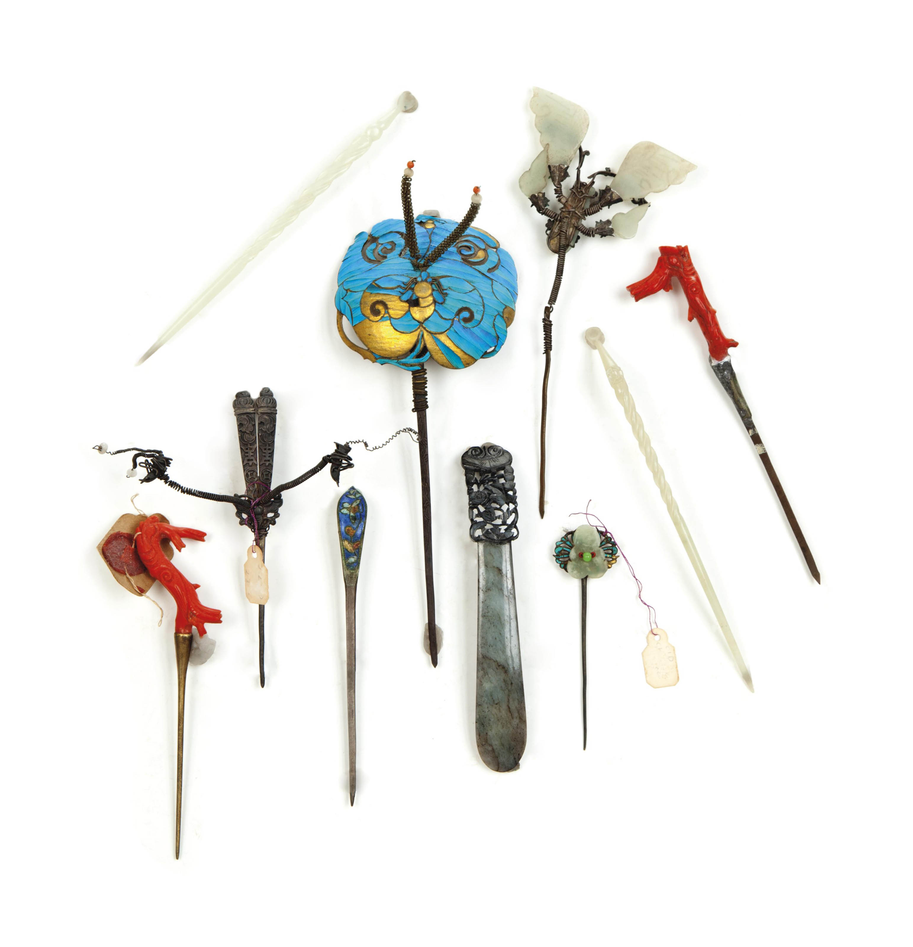 Two Chinese White Jade Hairpins And Eight Additional Hairpins