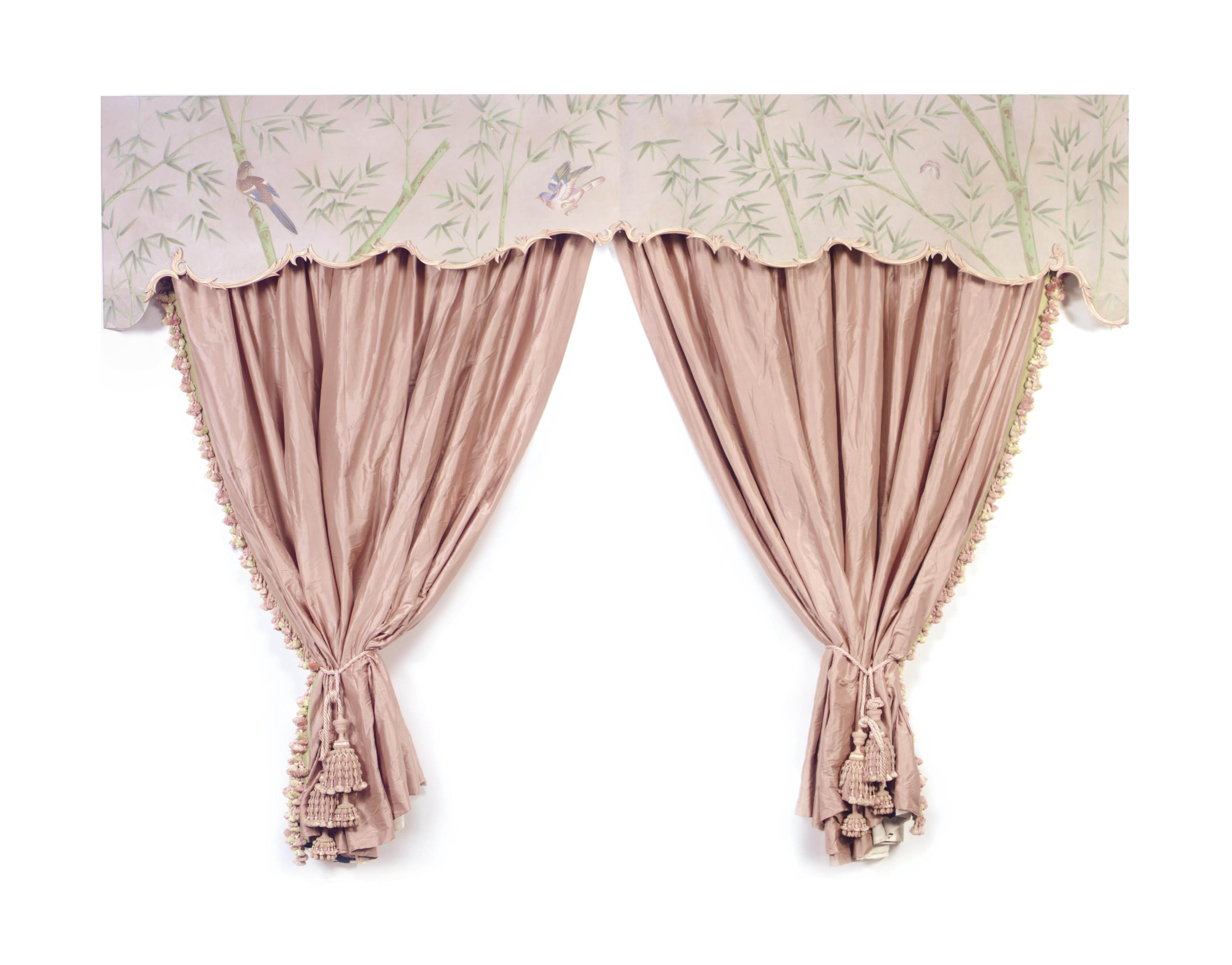 A Polychrome Decorated Wallpaper Covered Pelmet With Cream Silk