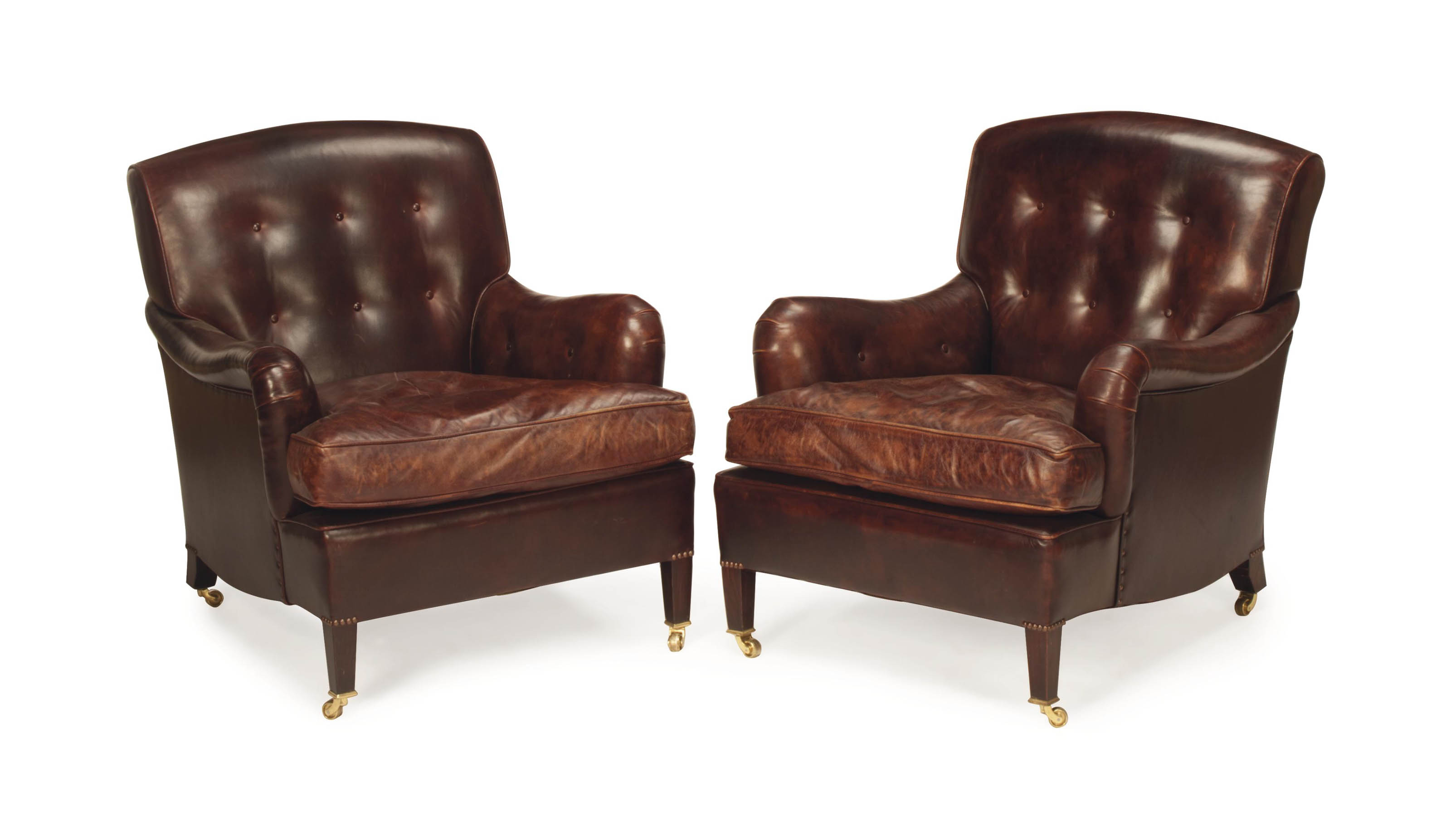 A PAIR OF BROWN LEATHER-UPHOLSTERED CLUB CHAIRS, , POSSIBLY GEORGE