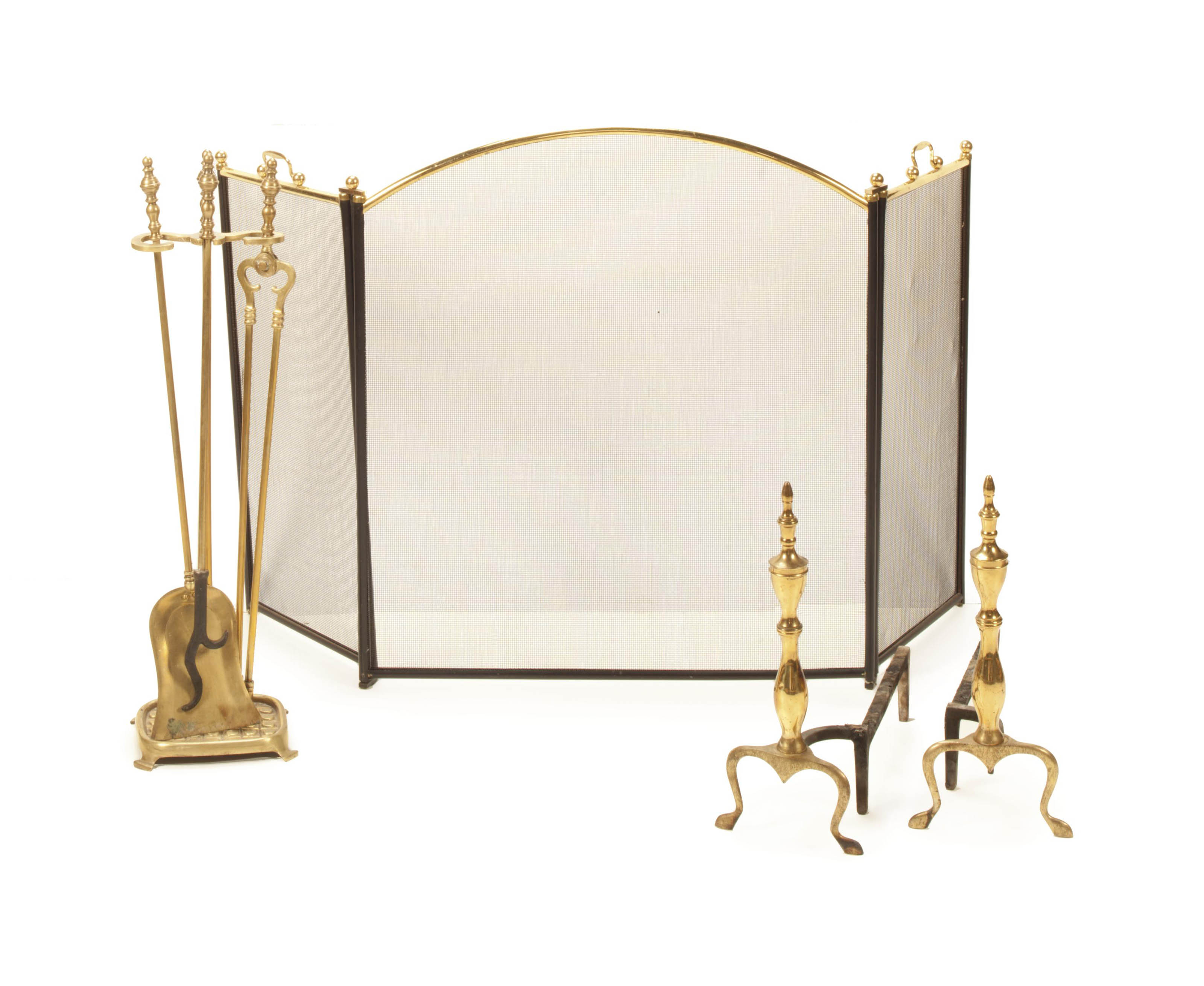AN ASSEMBLED SET OF BRASS FIREPLACE EQUIPMENT, , LATE 20TH CENTURY