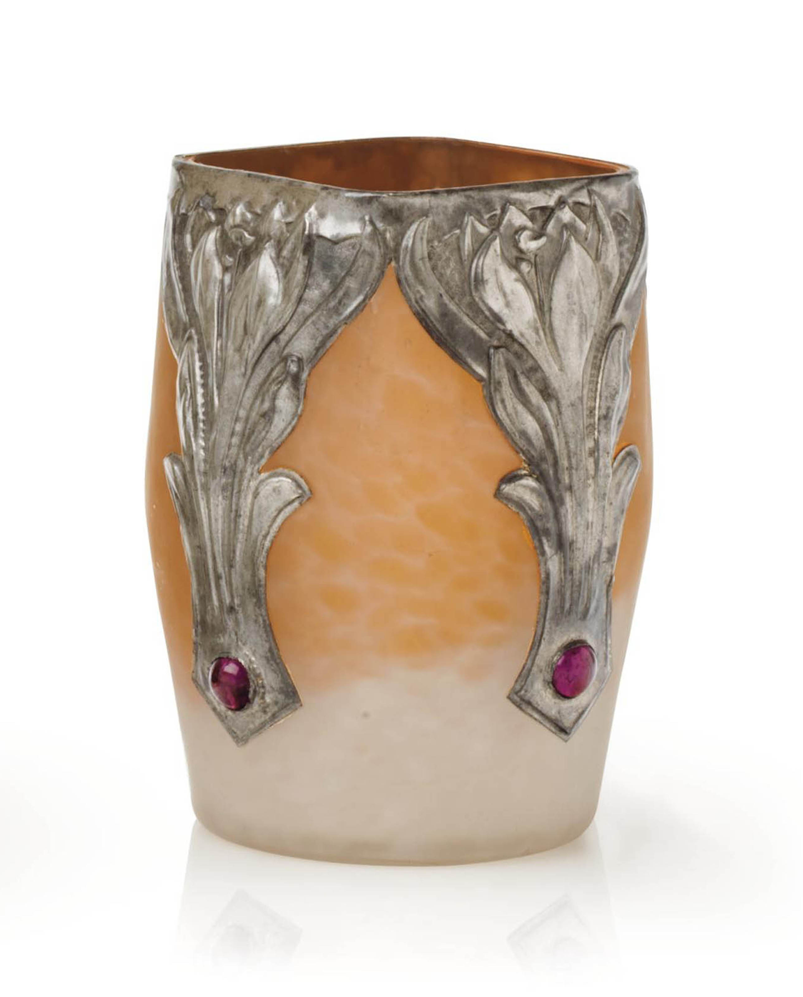 A German Square Glass Vase With Silvered Metal Mounts And Glass
