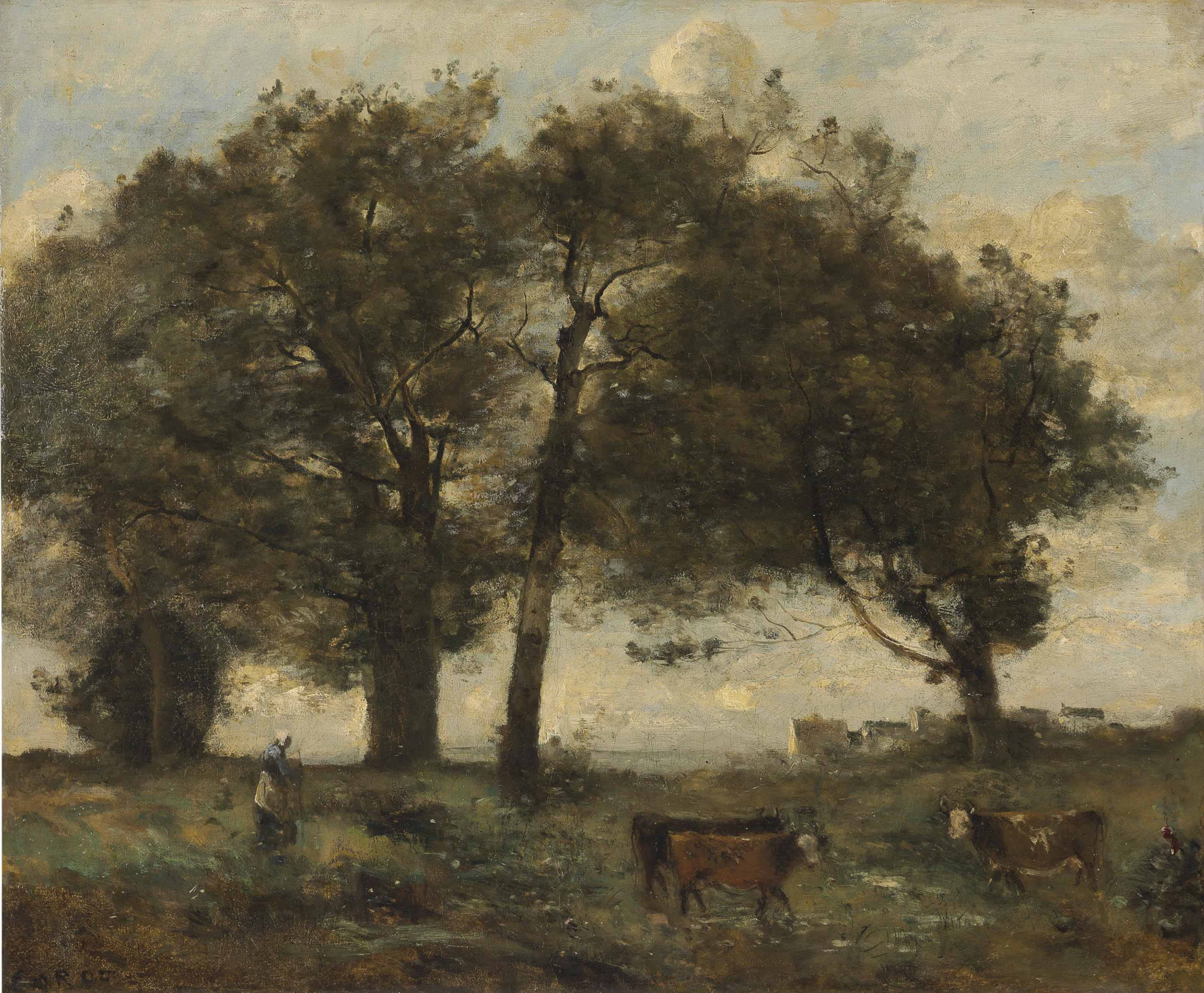 Marecages boisée avec trois vaches 
