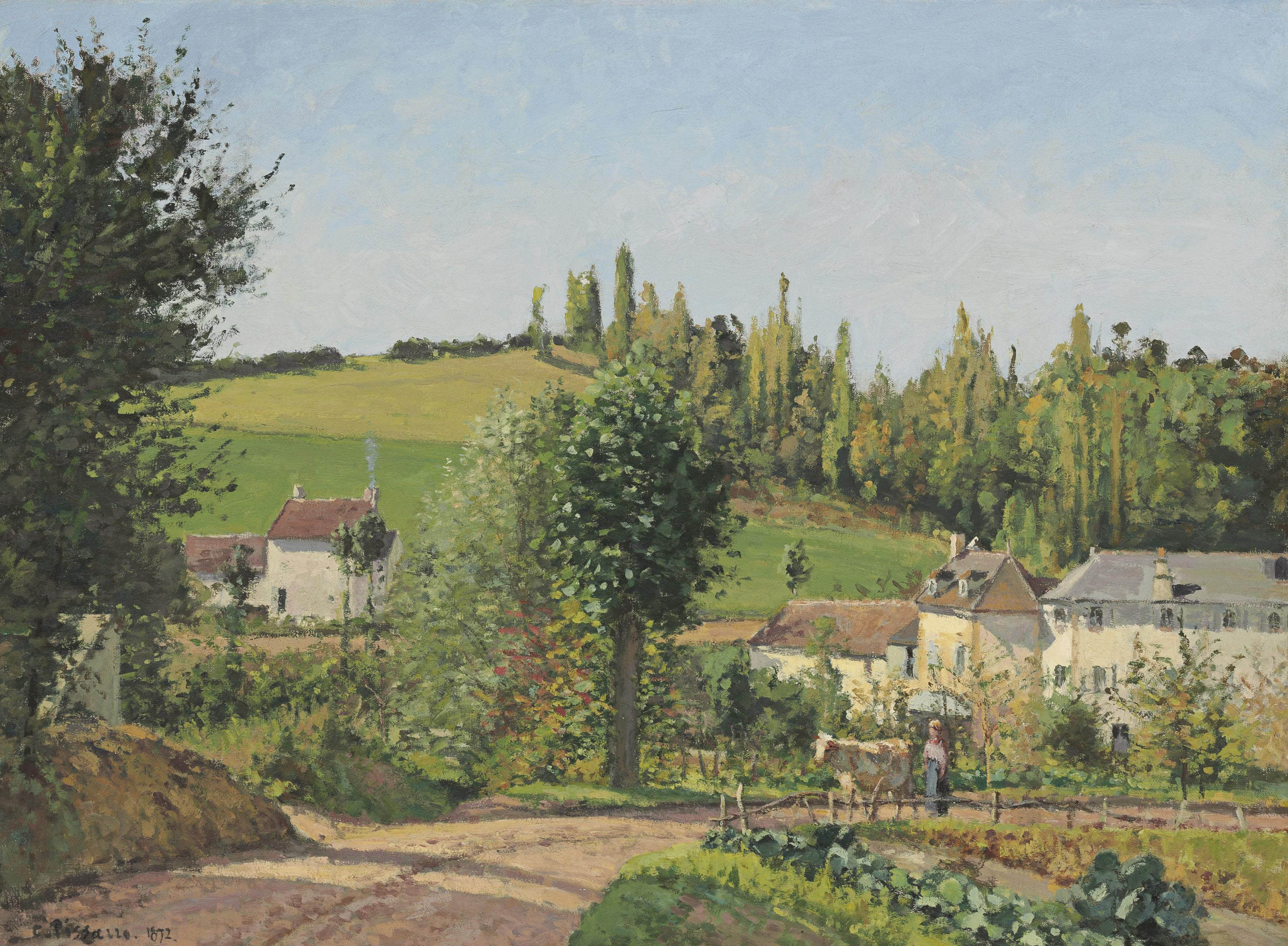 Camille Pissarro (1830-1903), Hameau aux environs de Pontoise, 1872. Oil on canvas. 21&frac14; x 29⅛ in (54 x 74 cm). Sold for $4,394,500 on 7 November 2012 at Christie&rsquo;s in New York