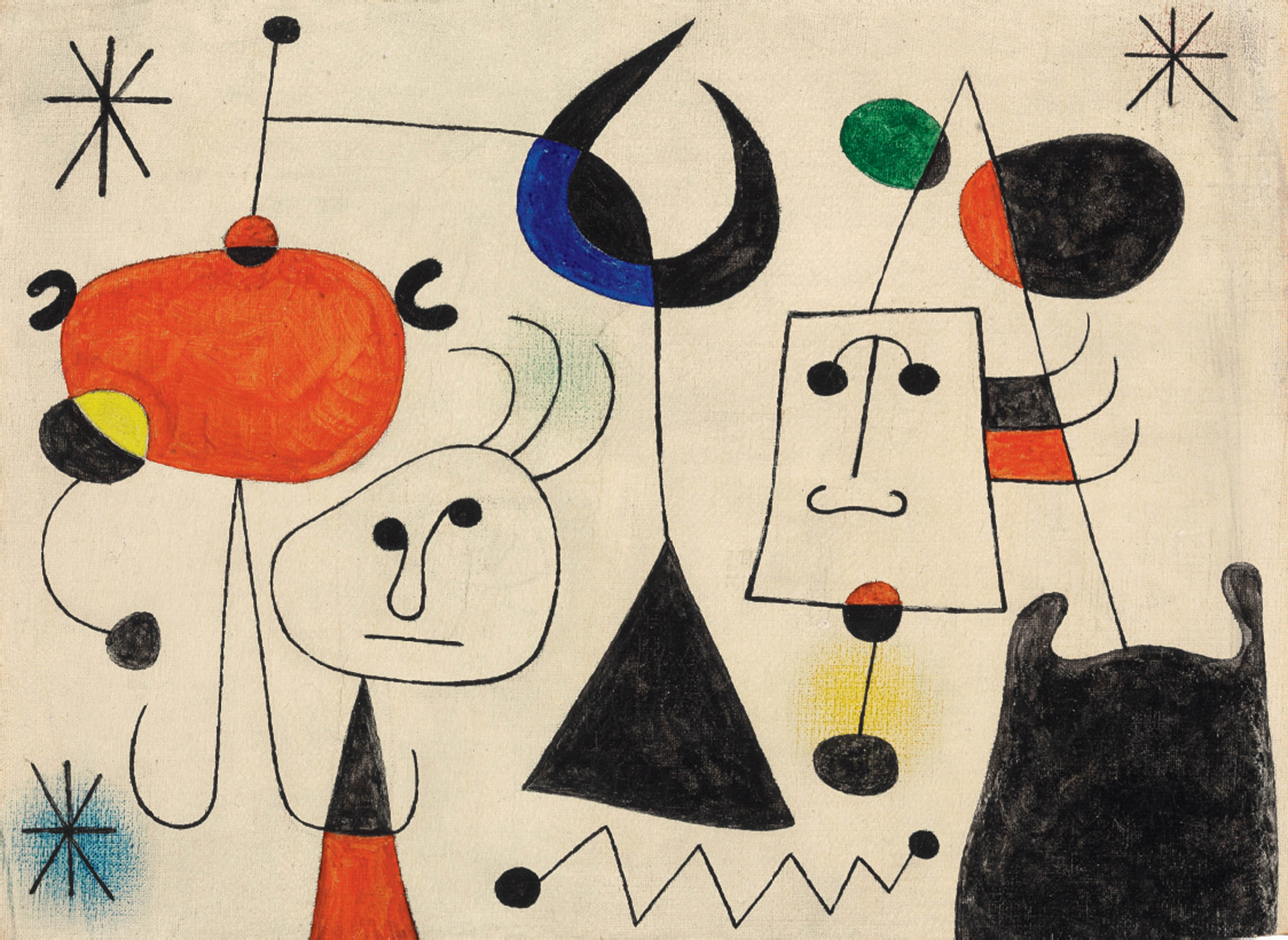 Joan Miro (1893-1983) , Personnages et oiseau dans la nuit ...