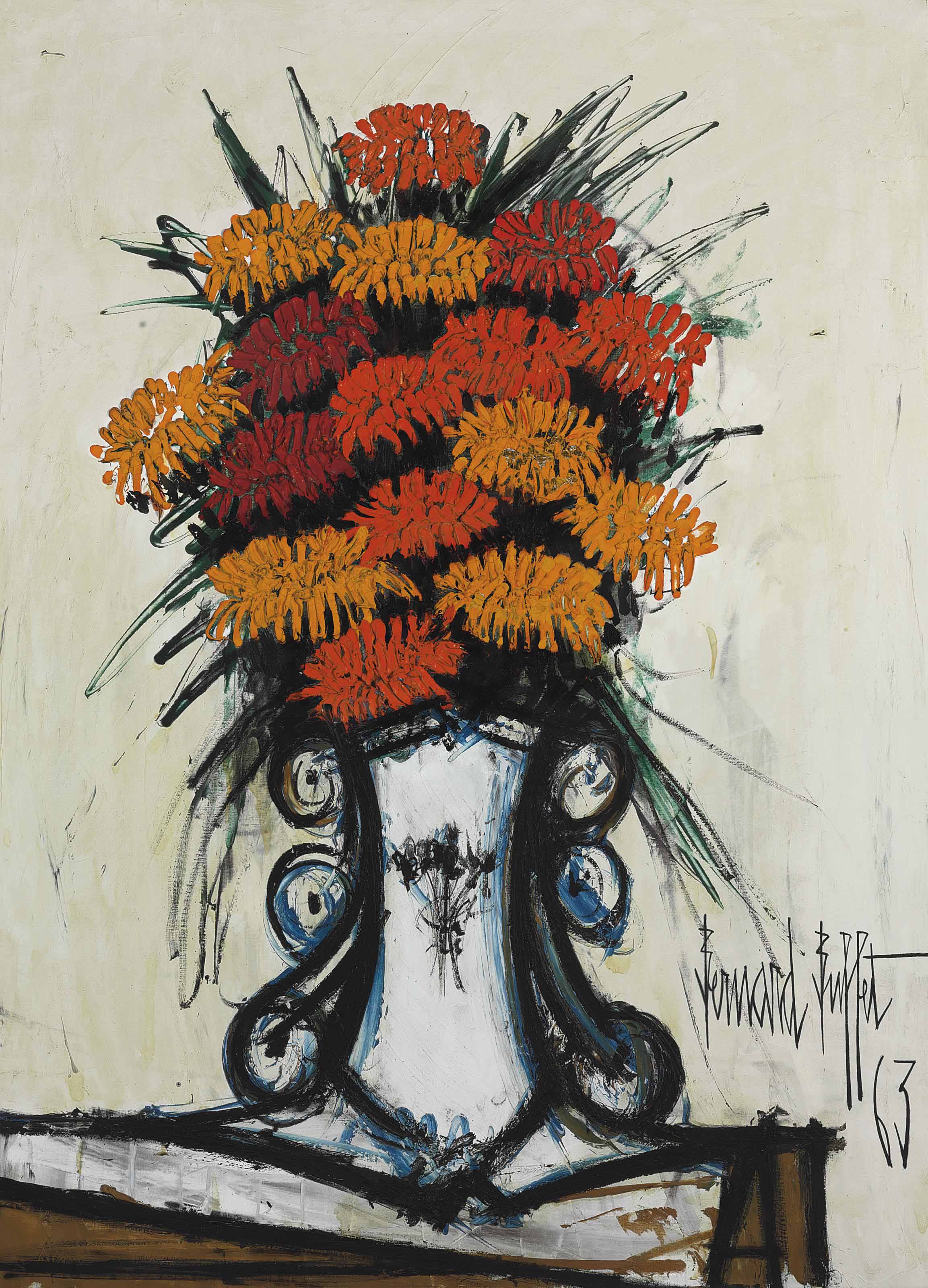 Bernard Buffet (1928-1999) , Bouquet de zinnias dans un vase