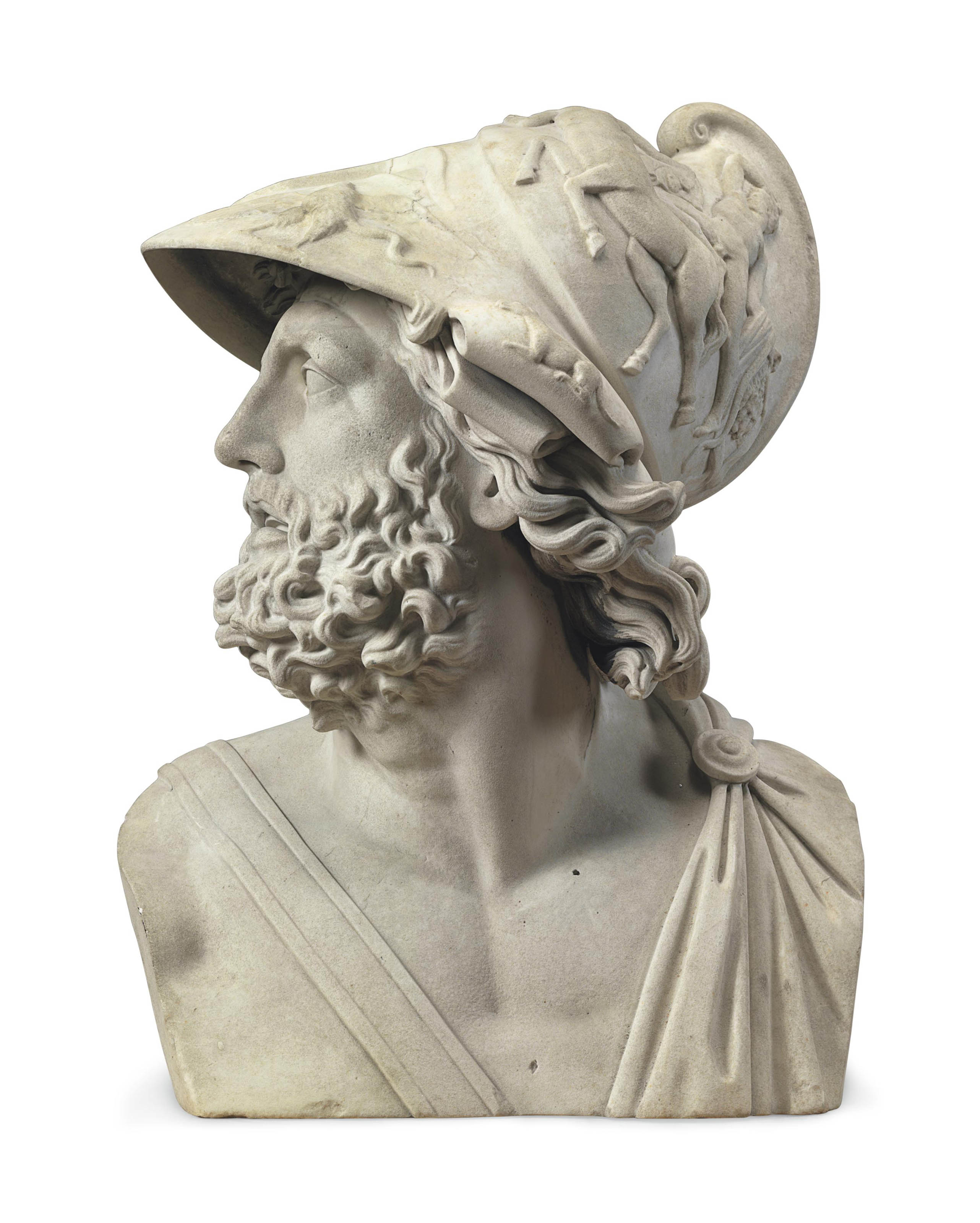 A WHITE MARBLE BUST OF AJAX