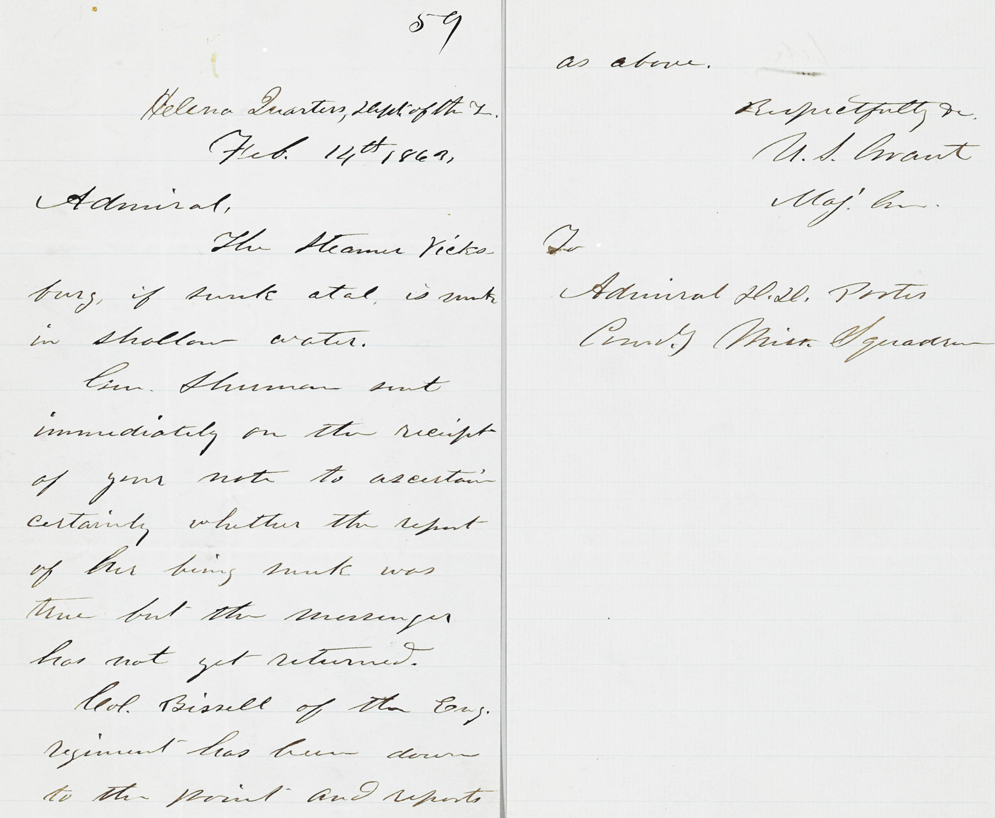 Grant Ulysses S Autograph Letter Signed U S Grant As Commanding General Of The Army Of The Tennessee To Admiral David D Porter 1813 11 Helena Arkansas 14 February 1863 1 Pages 8vo Ruled Paper Fine
