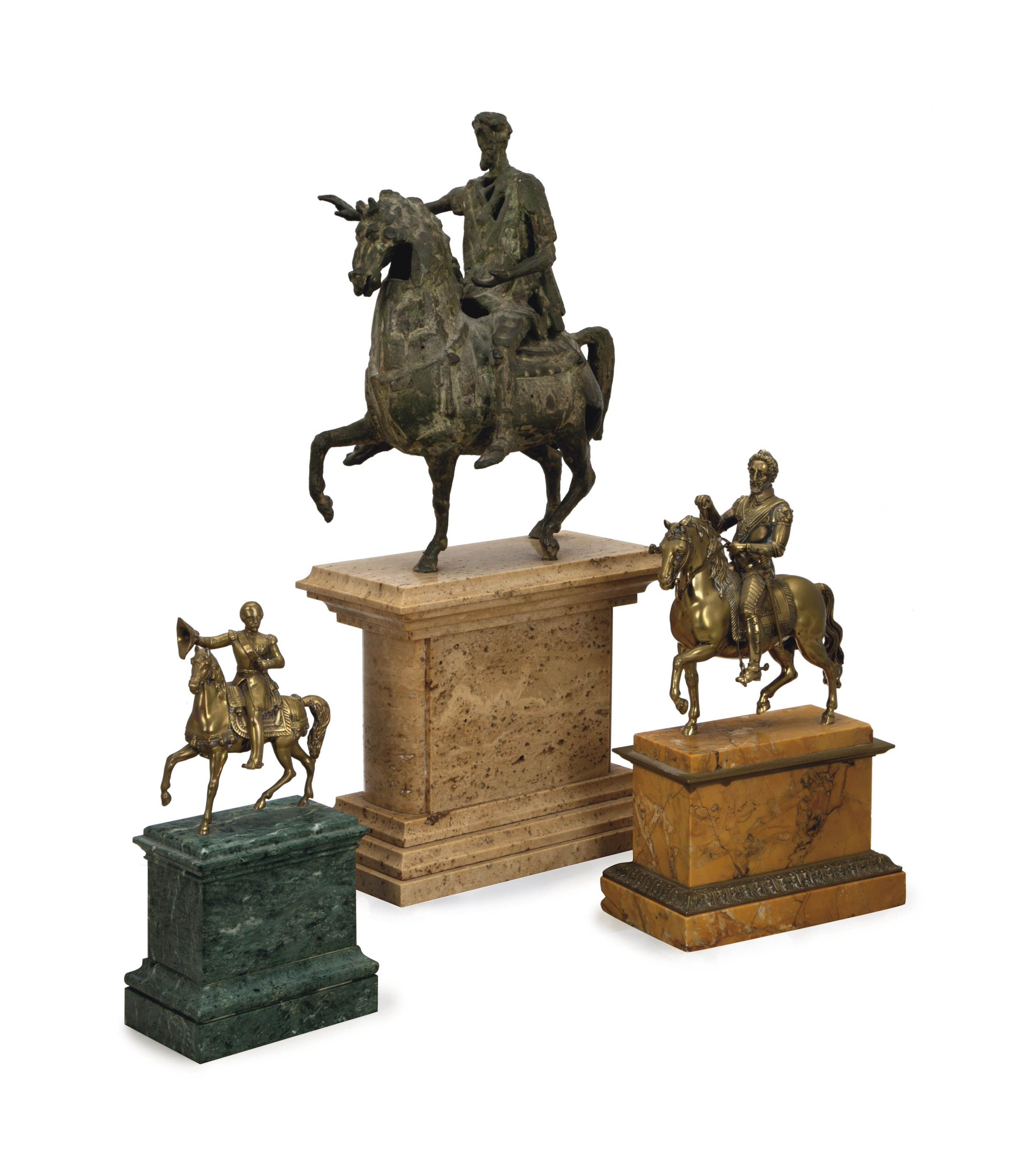 A PATINATED-BRONZE MODEL AFTER THE EQUESTRIAN STATUE OF MARCUS AURELIUS RAISED ON A TRAVERTINE PLINTH, A PATINATED-BRONZE MODEL... 