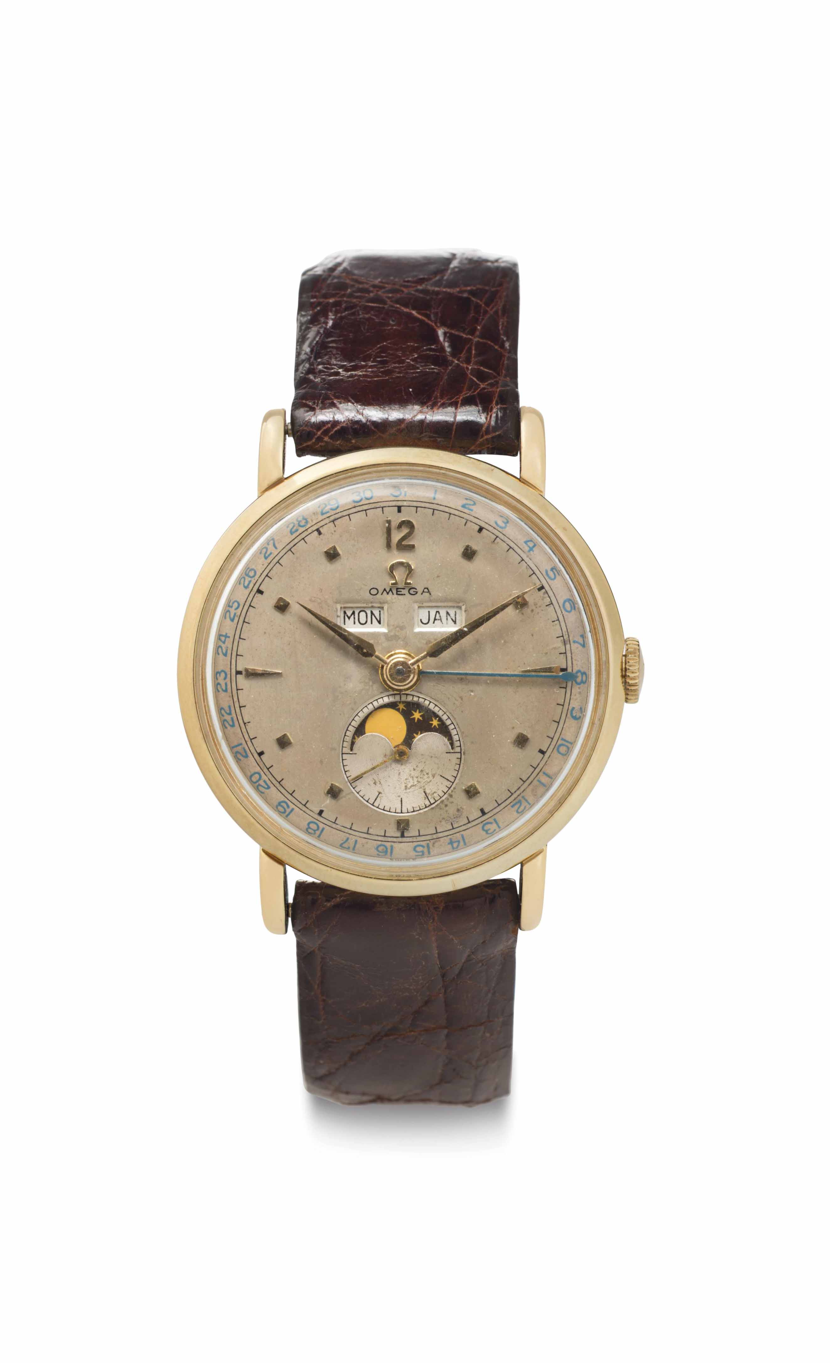 Omega A 14k Gold Triple Calendar Wristwatch with Moon Phases SIGNED