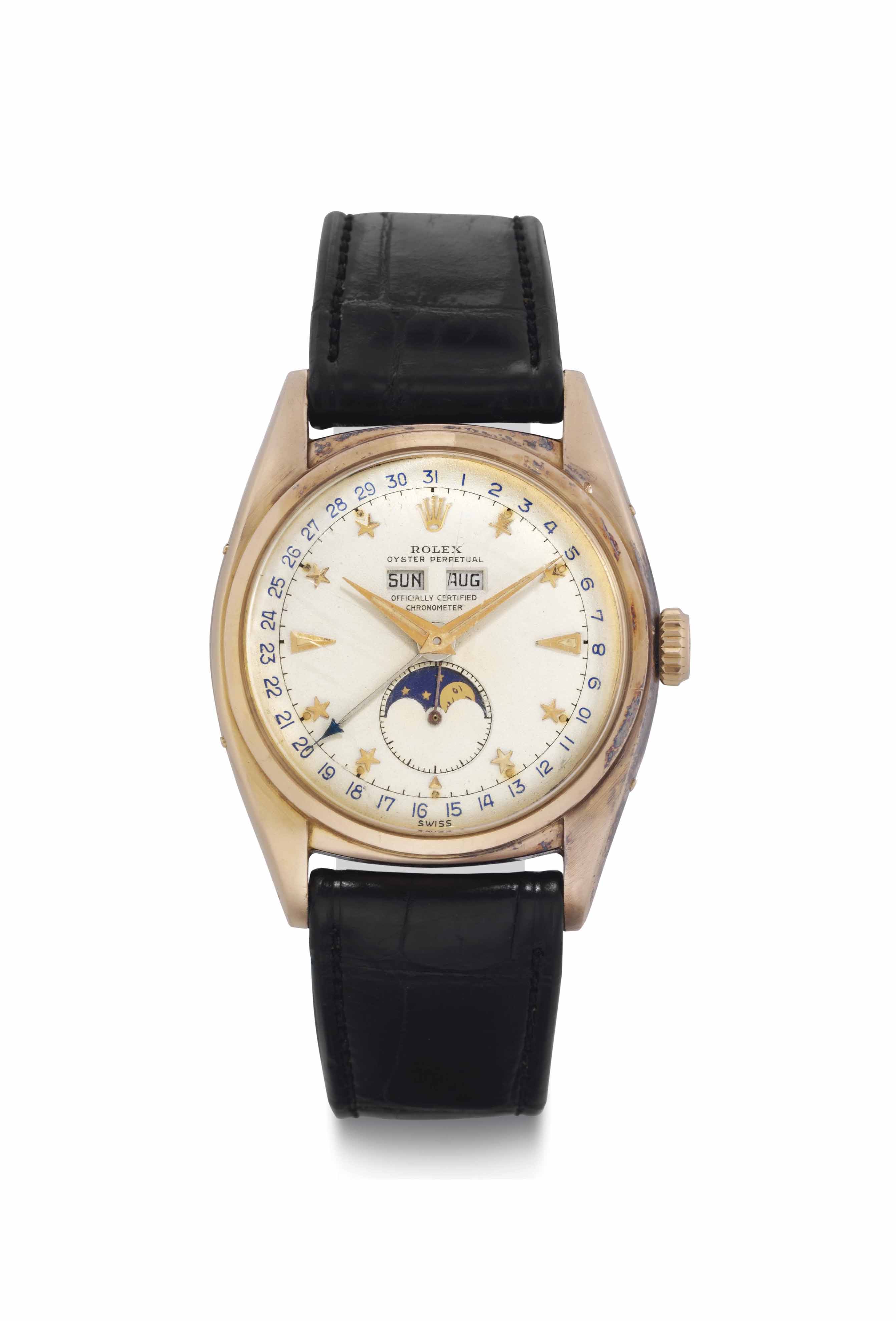 Rolex. A Very Fine and Extremely Rare 18k Pink Gold Automatic Triple