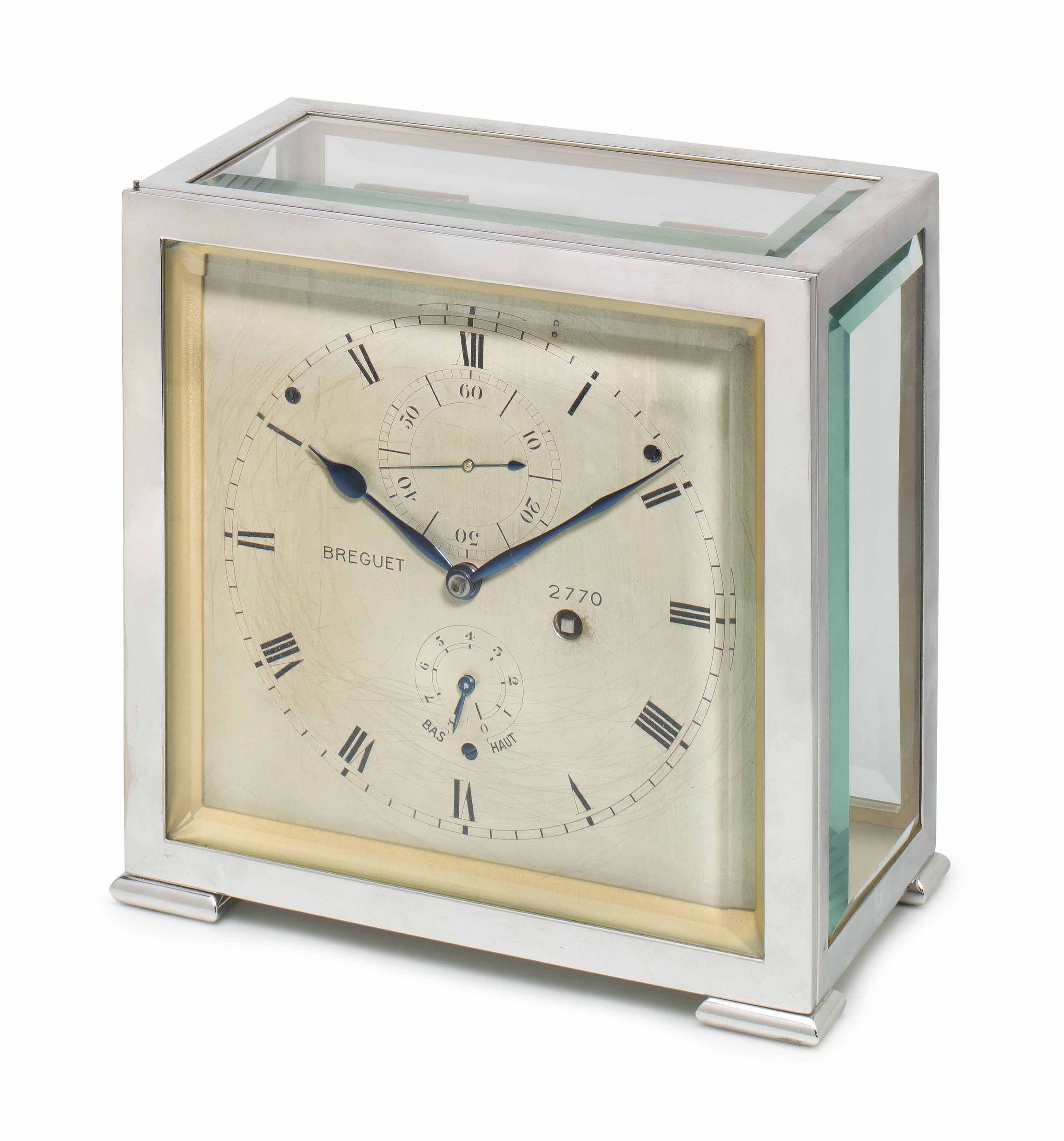 Breguet A Rare Chrome And Glass Eight Day Detent Chronometer Desk Clock With Power Reserve And Start Stop Activation Signed Breguet No 2770 Manufactured In 1931 Sold October 30 1931 To M