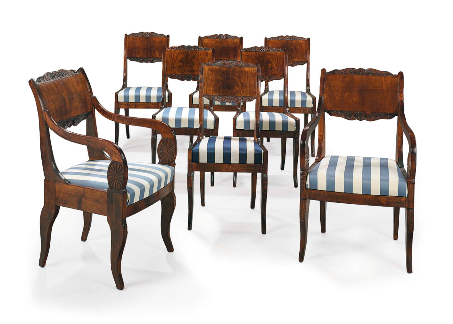 A SET OF EIGHT RUSSIAN MAHOGANY AND STAINED FRUITWOOD DINING CHAIRS