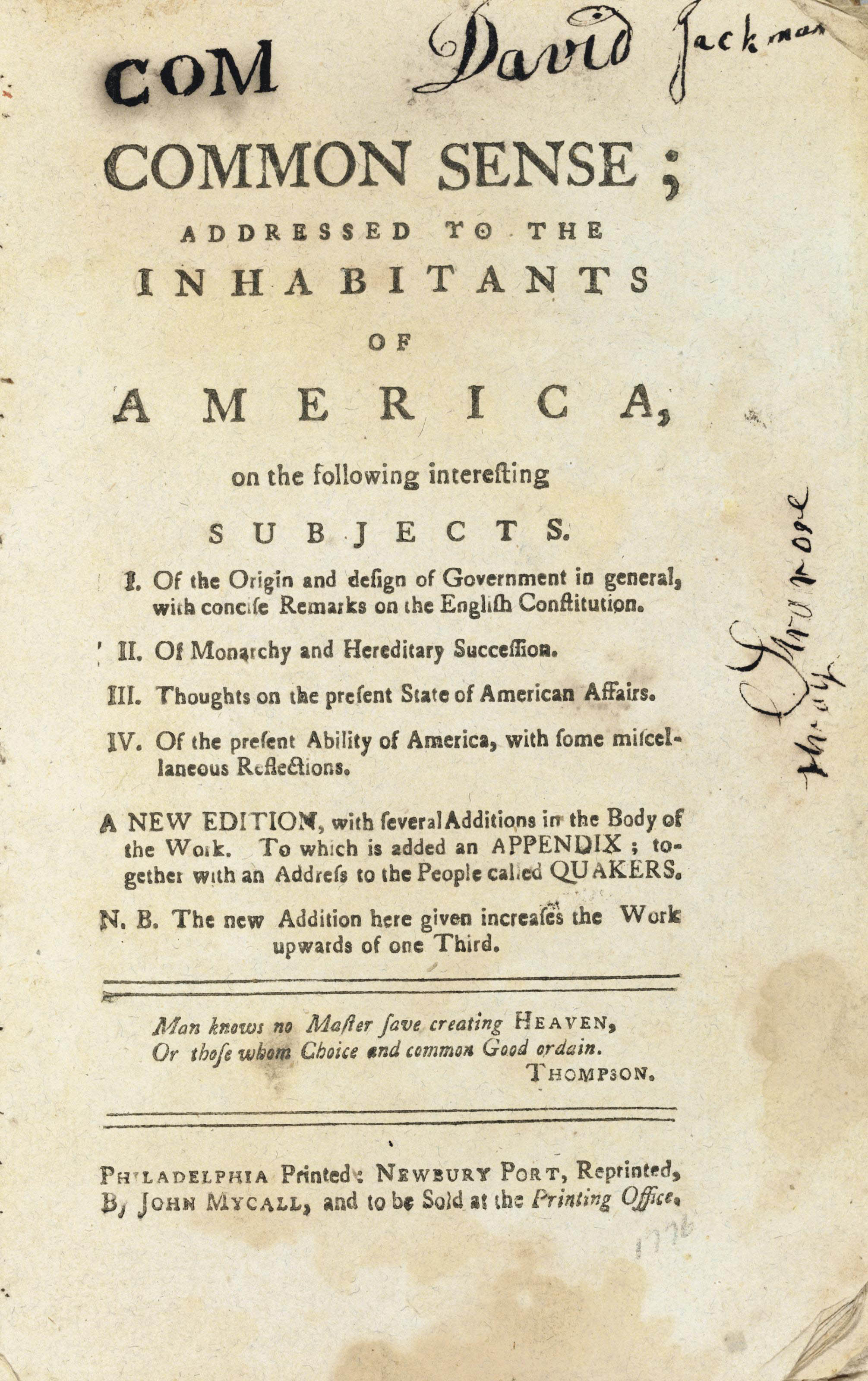 Paine Thomas Common Sense Addressed To The Inhabitants Of - 