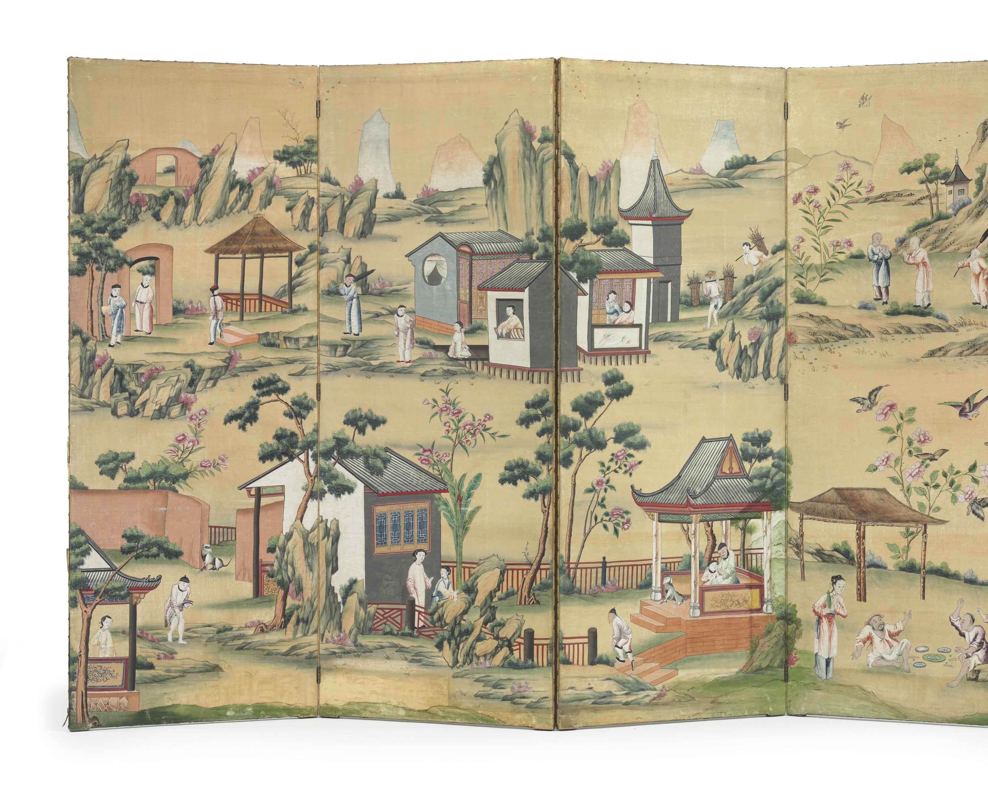 A Chinese Export Wallpaper Four Panel Screen Later 18th Or Early