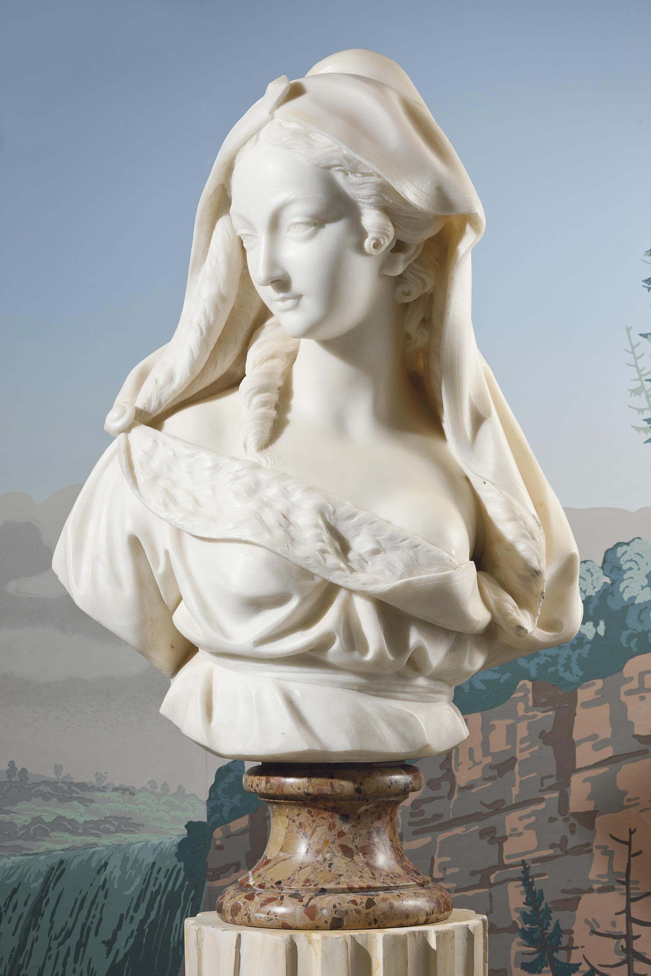 A WHITE MARBLE BUST OF A YOUNG WOMAN, AN ALLEGORY OF WINTER , PROBABLY