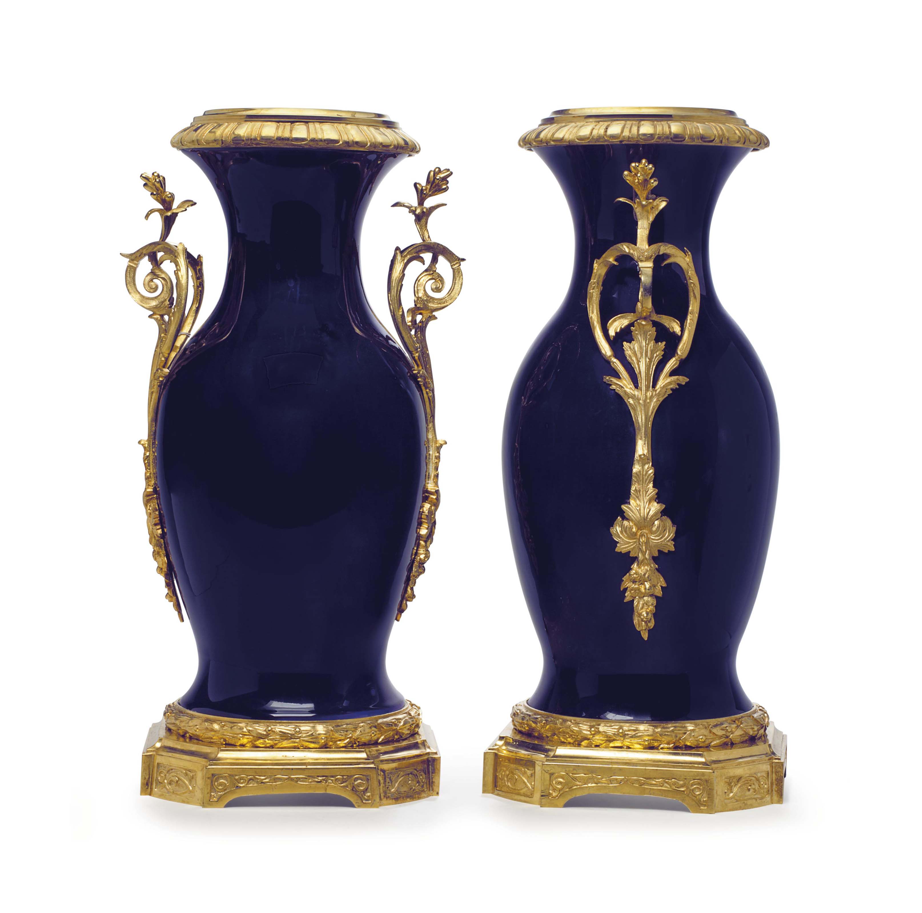 A PAIR OF FRENCH ORMOLUMOUNTED SEVRES STYLE PORCELAIN COBALT BLUE