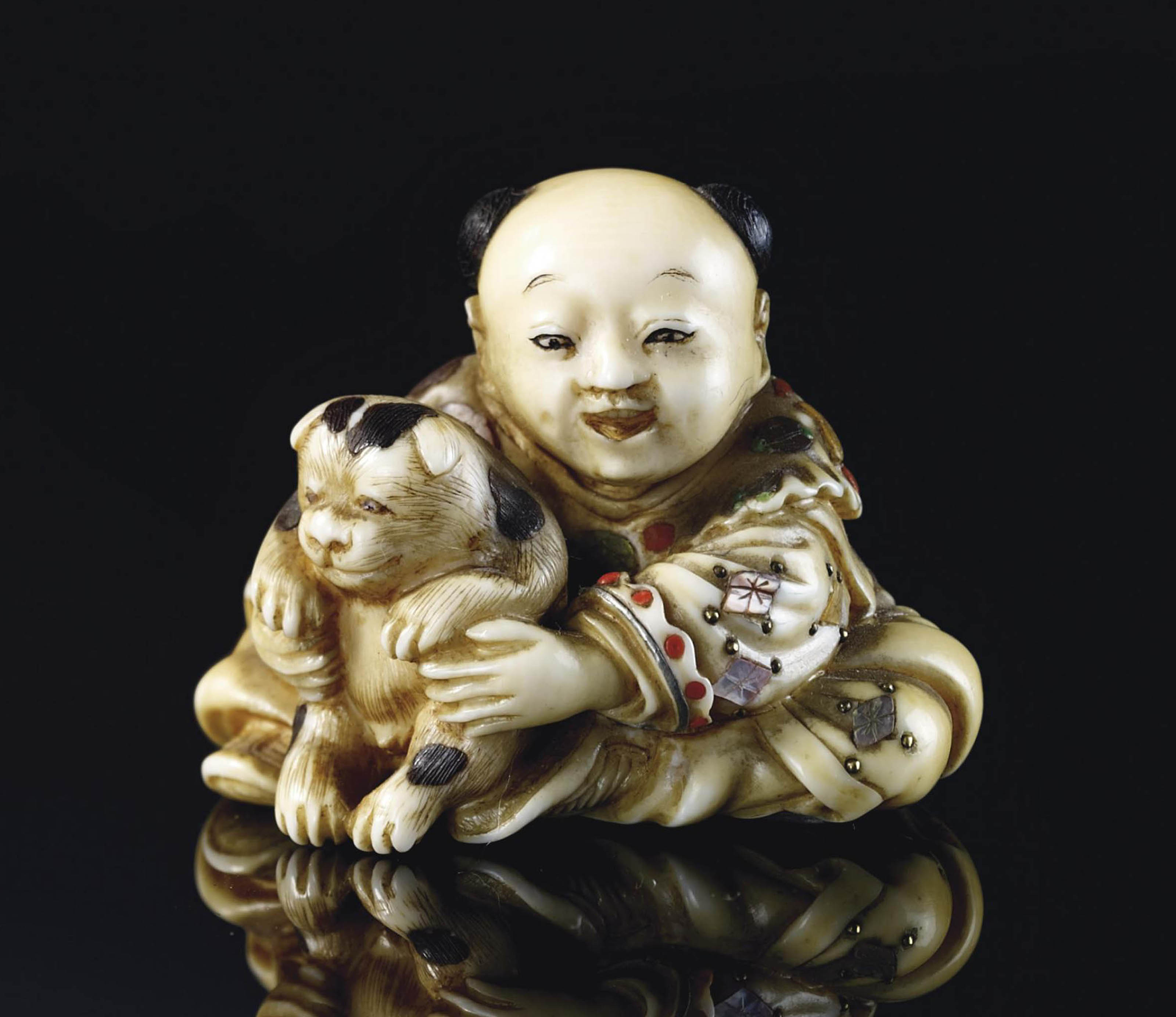 NETSUKE EN IVOIRE SCULPTE ET INCRUSTATIONS , JAPON, SIGNE SHIBAYAMA YASUMASA SAKU , FIN DU ...
