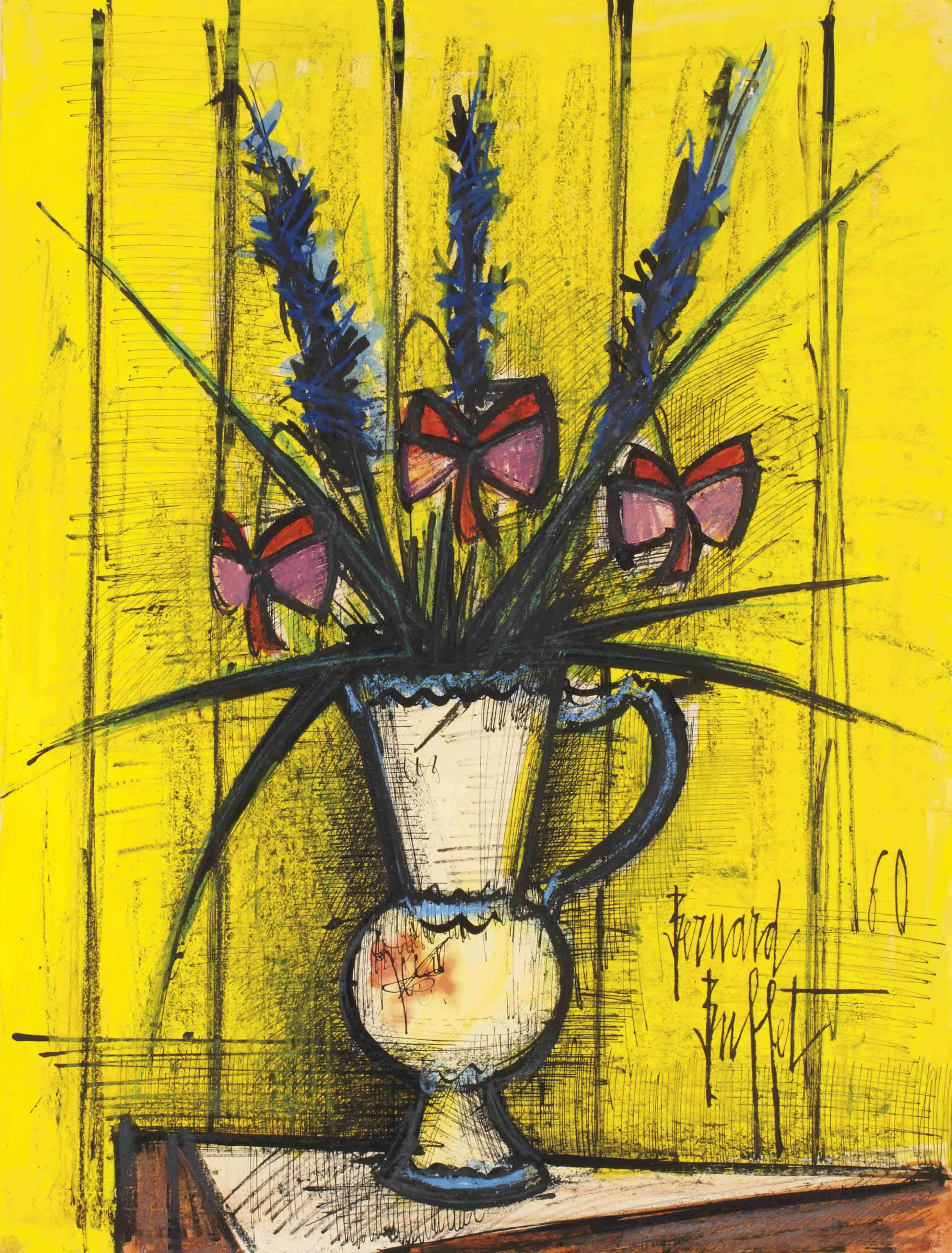 Bernard Buffet (1928-1999) , Fleurs, papillons dans un vase