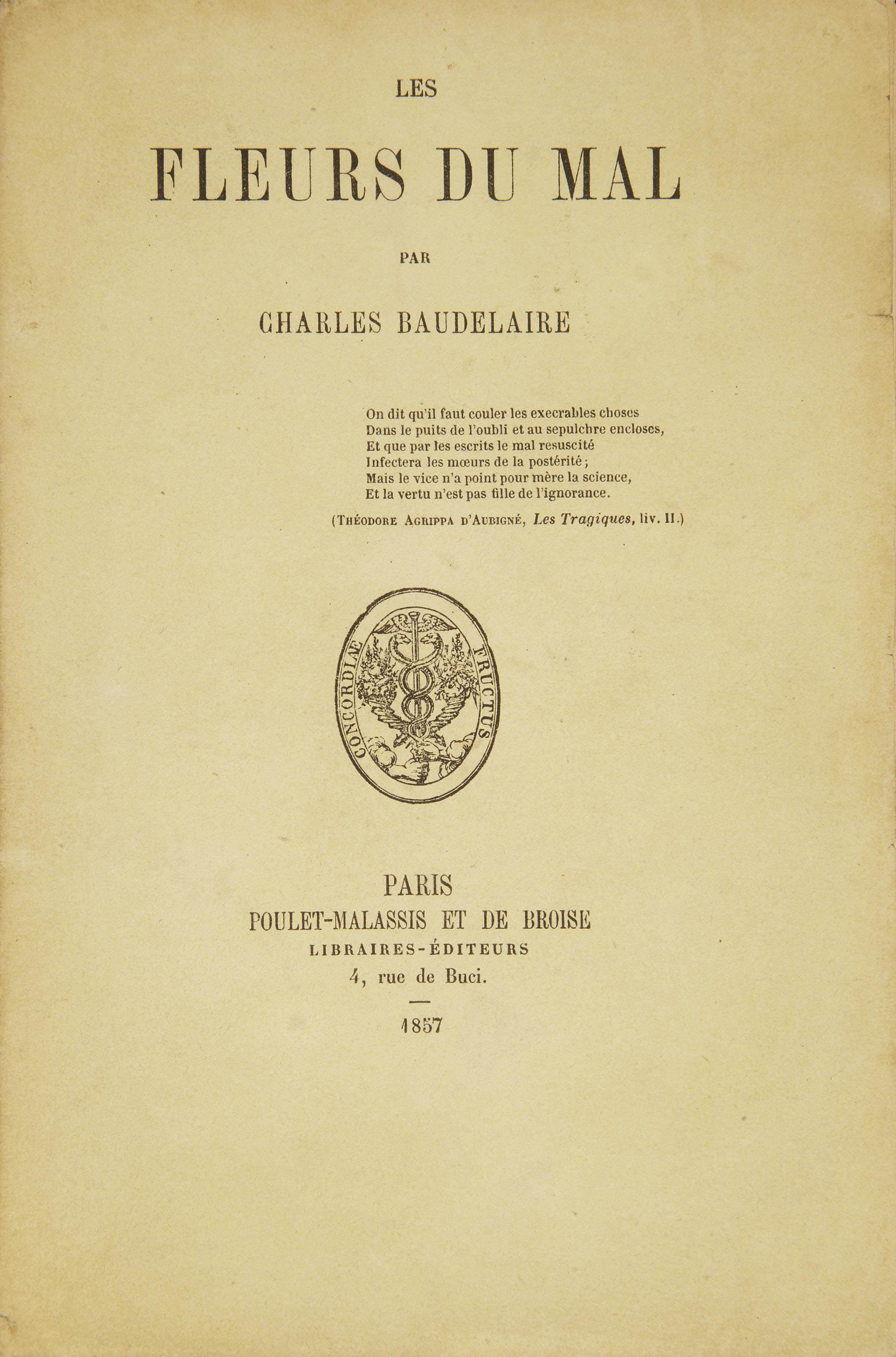 Baudelaire Charles Les Fleurs Du Mal Paris Poulet Malassis Et De Broise 1857 19th Century Books Manuscripts Christie S