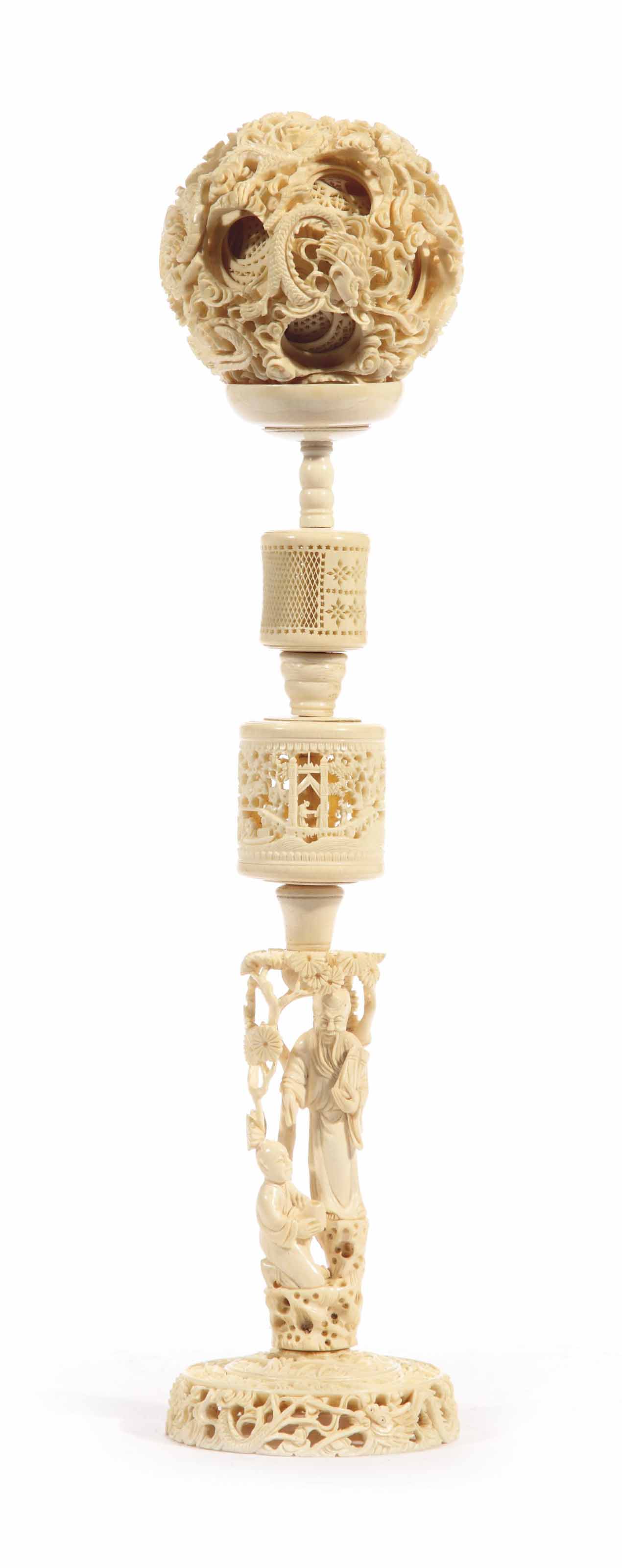 A Chinese Canton ivory puzzle-ball on stand
