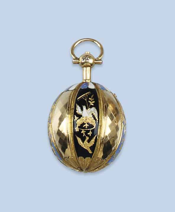 AN ANTIQUE GOLD AND ENAMEL EGG-FORM WATCH WITH CONCEALED  display picture 1