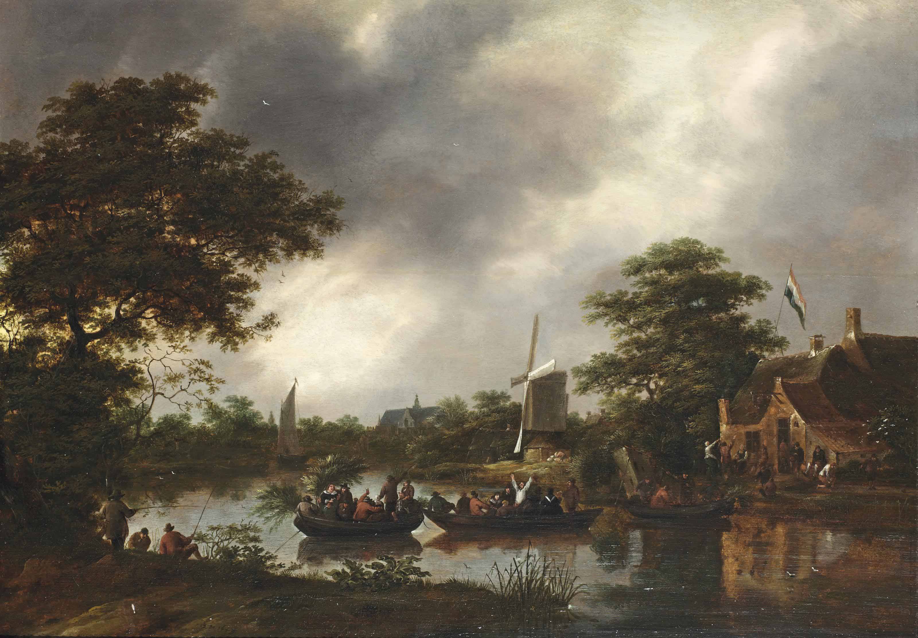 Nicolaes Molenaer (Haarlem 1626/91676) , A river landscape with