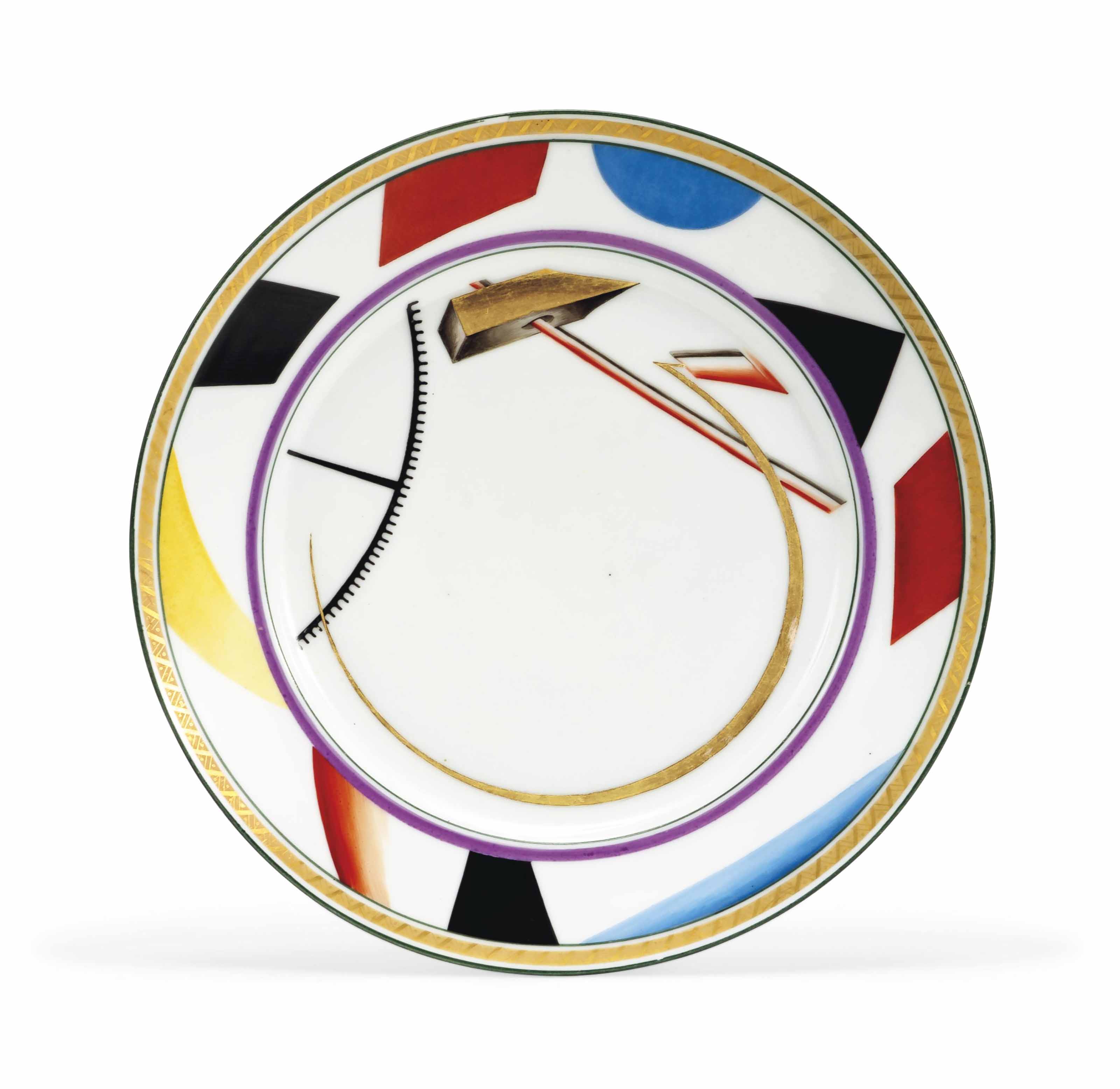 A Soviet propaganda porcelain plate, by the Imperial Porcelain Factory, St Petersburg and the State Porcelain Factory, Petrograd, 1921. Painted after a design by Sergei Tchekhonin. Diameter 9&frac12;  in (24.2  cm). Sold for &pound;27,500 on 3 June 2013 at Christie&rsquo;s in London