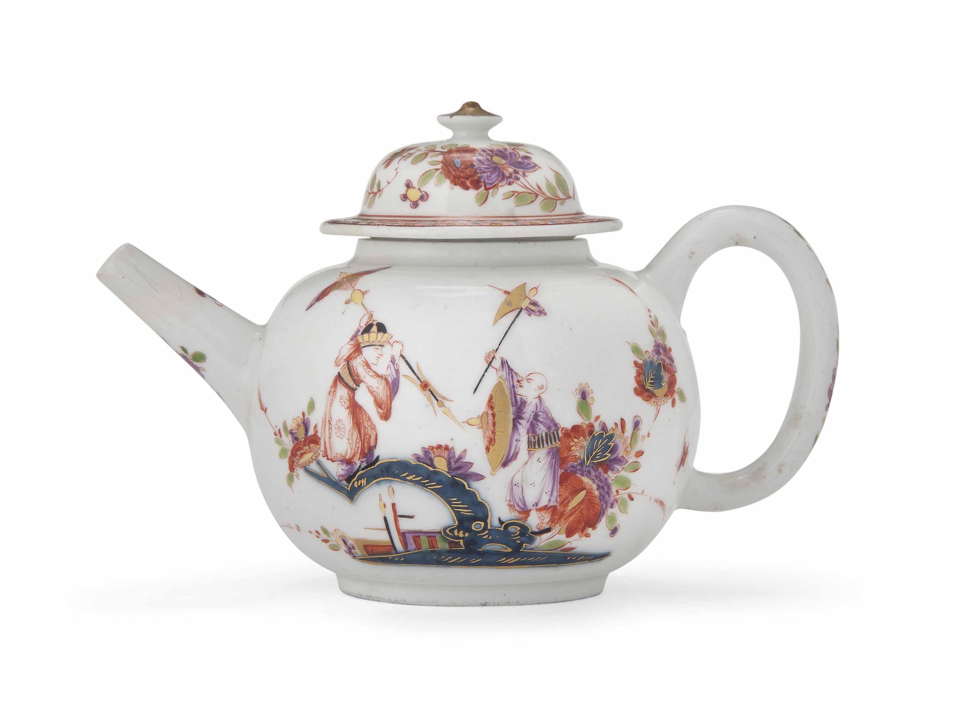 A MEISSEN TEAPOT AND COVER , CIRCA 1730, BLUE CROSSED SWORDS MARK, BLUE