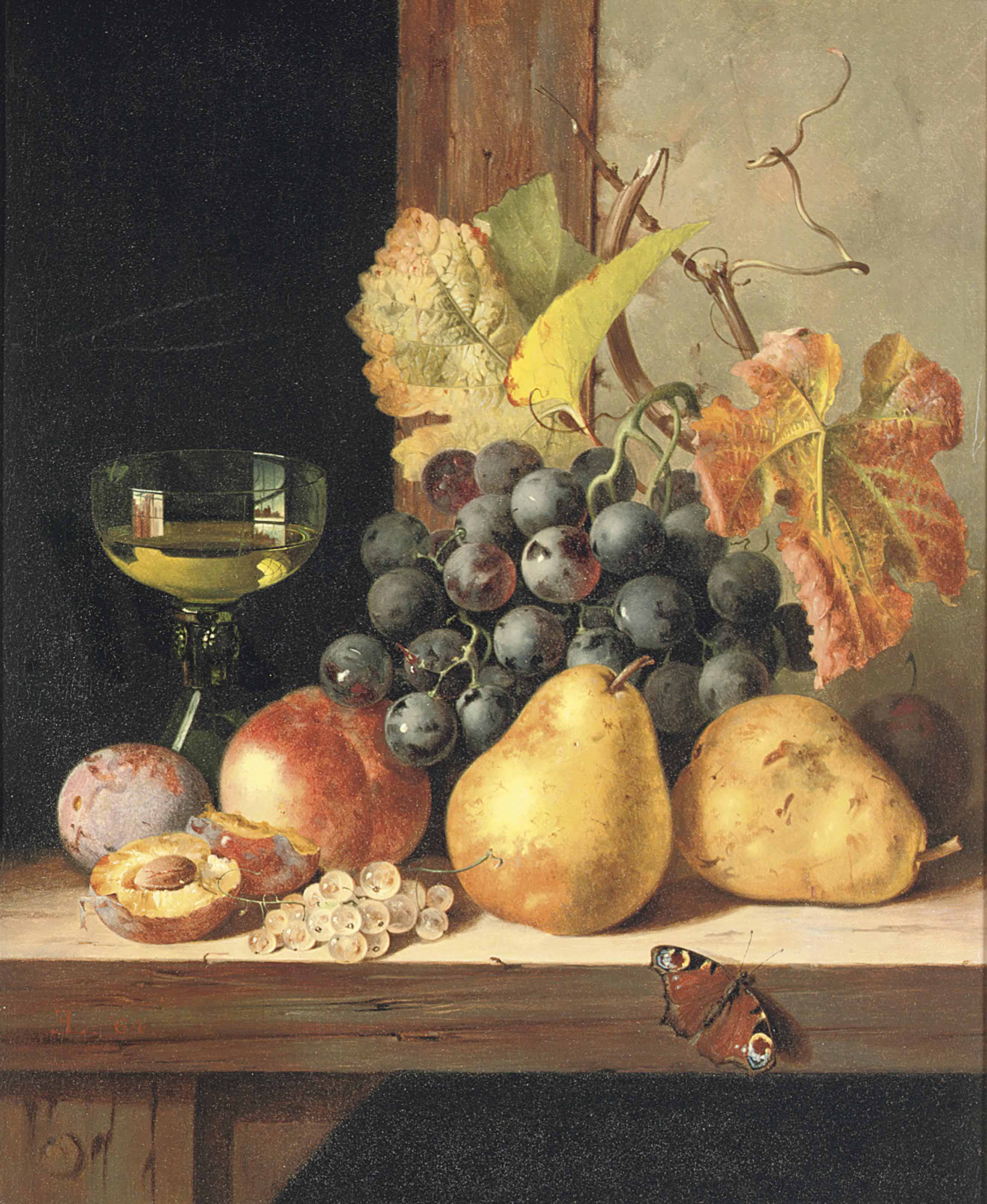 Edward Ladell (18211886) , Black grapes, pears, a peach, plums, white