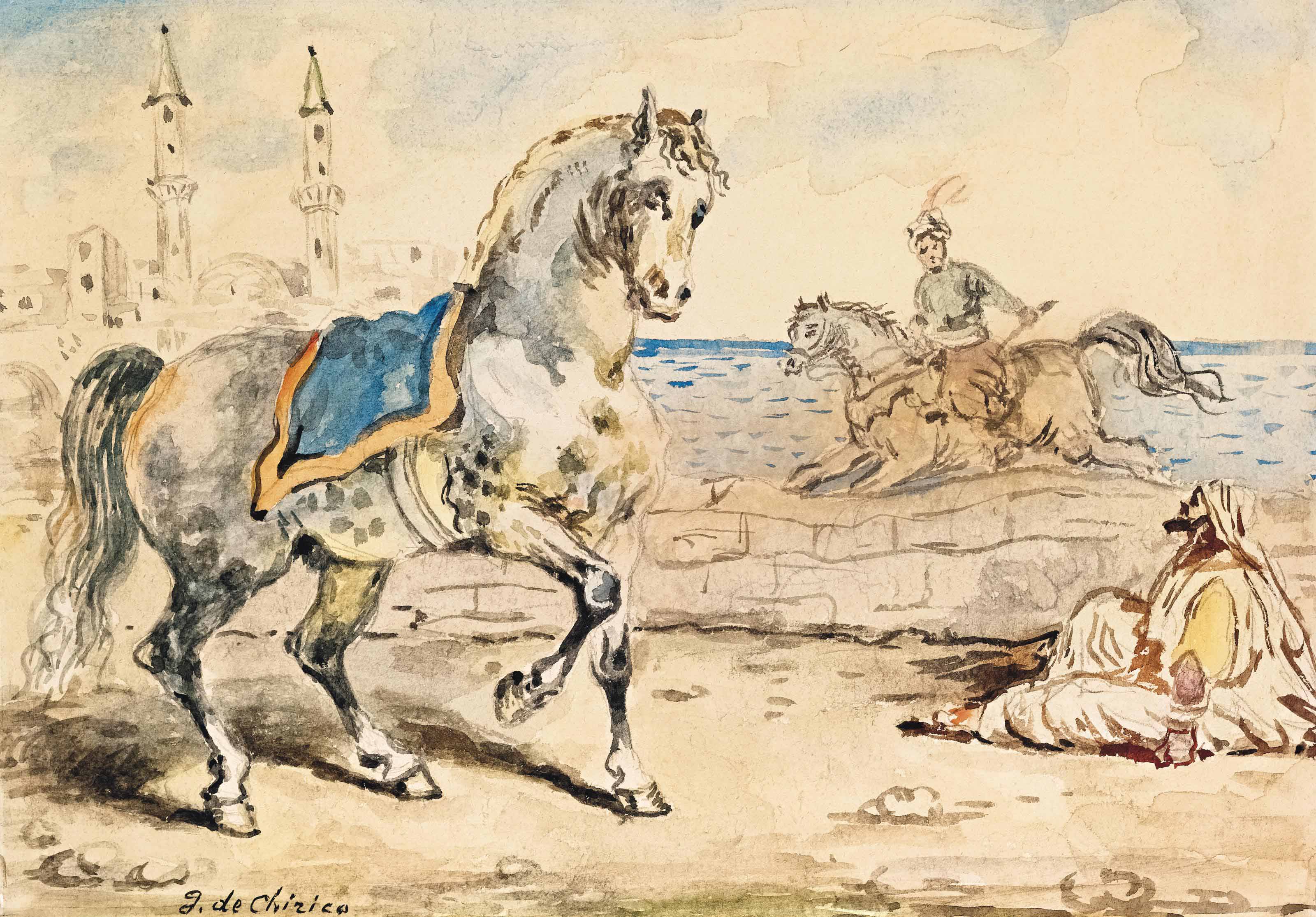 Cavallo, cavaliere al galoppo, cavaliere a riposo con sfondo di minaretto
