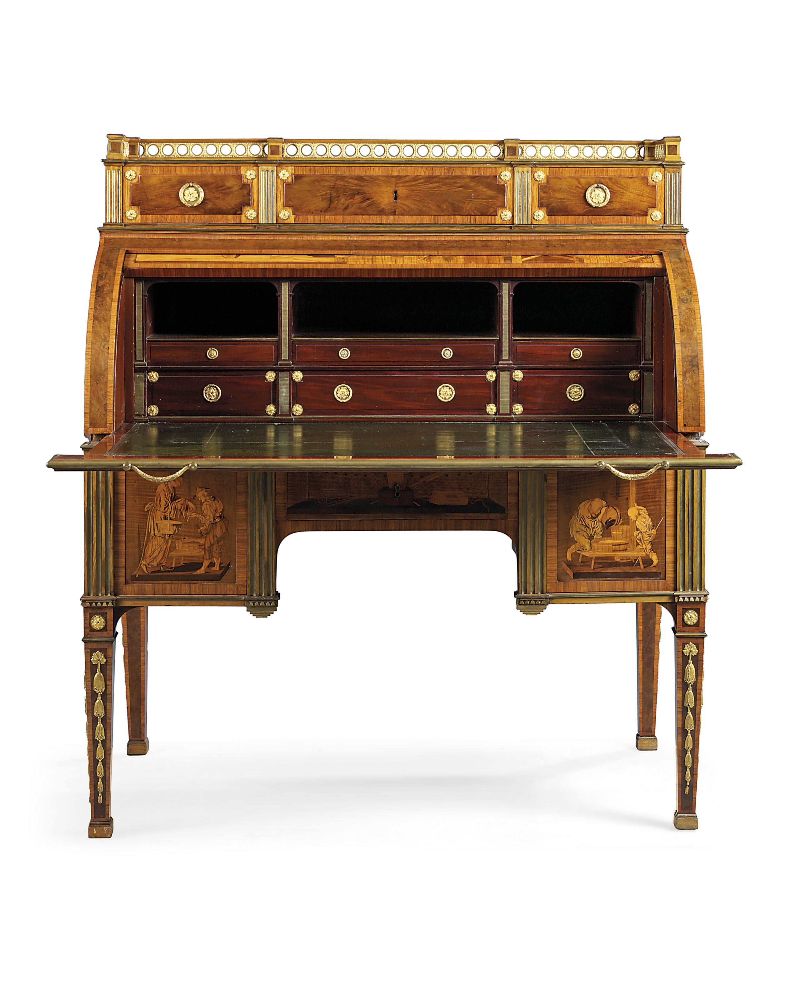 A German Ormolu Mounted And Brass Inlaid Amboyna Tulipwood