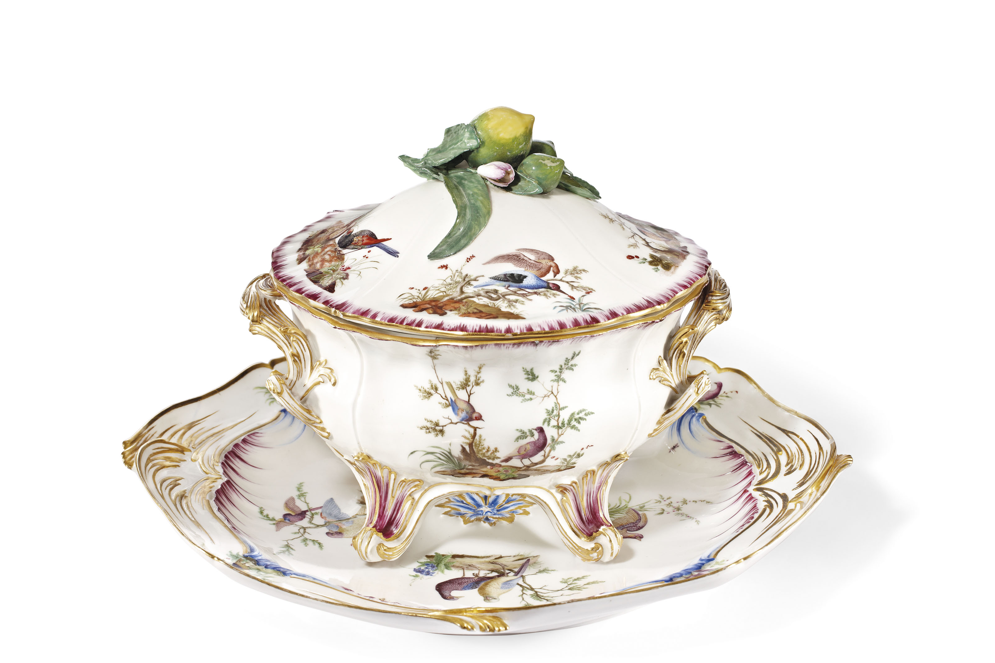 A VINCENNES PORCELAIN TWOHANDLED CIRCULAR TUREEN, COVER AND STAND (POT