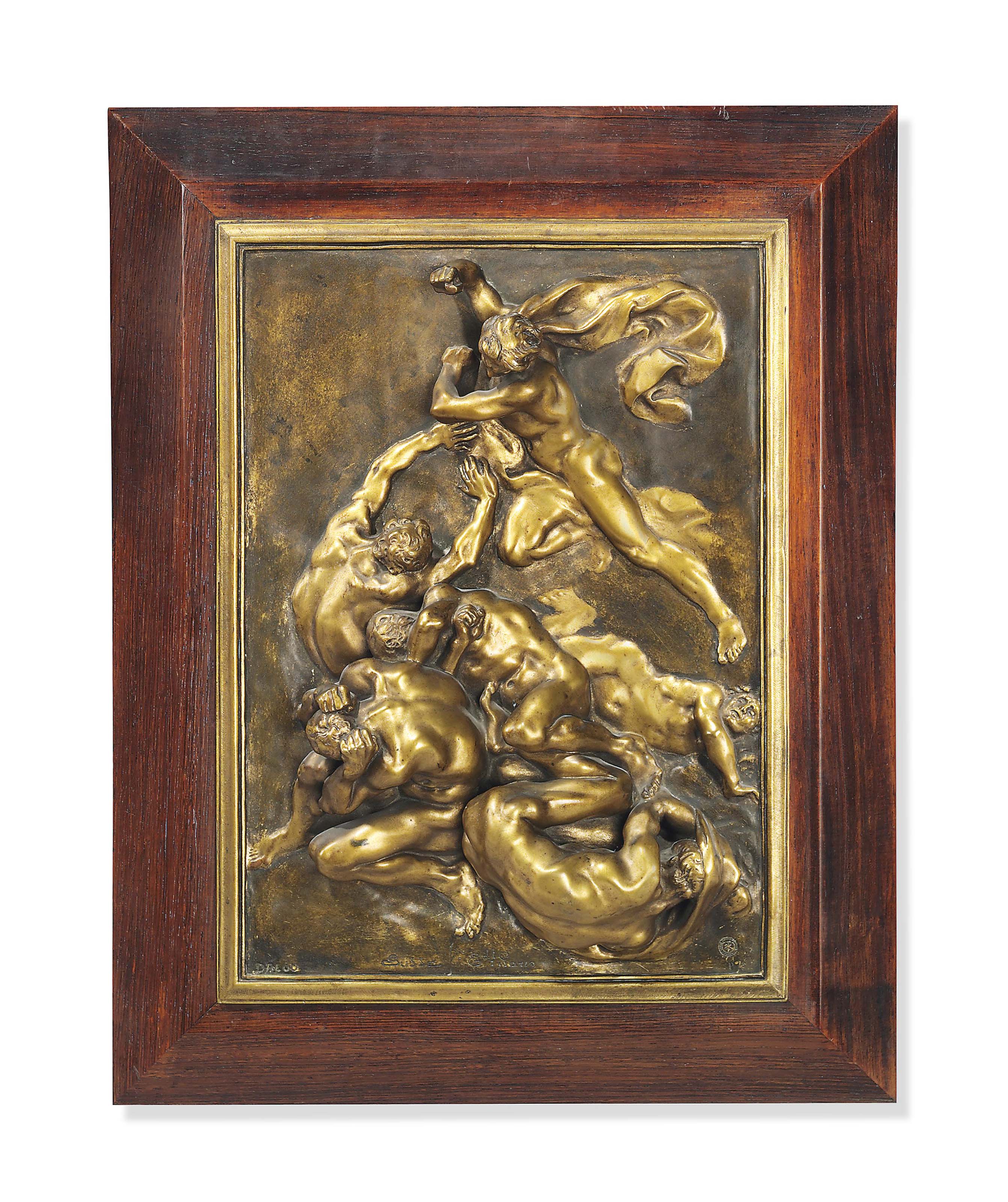 A FRENCH GILT BRONZE RELIEF PLAQUE, ENTITLED 'LA CHATIMENTS' , CAST BY