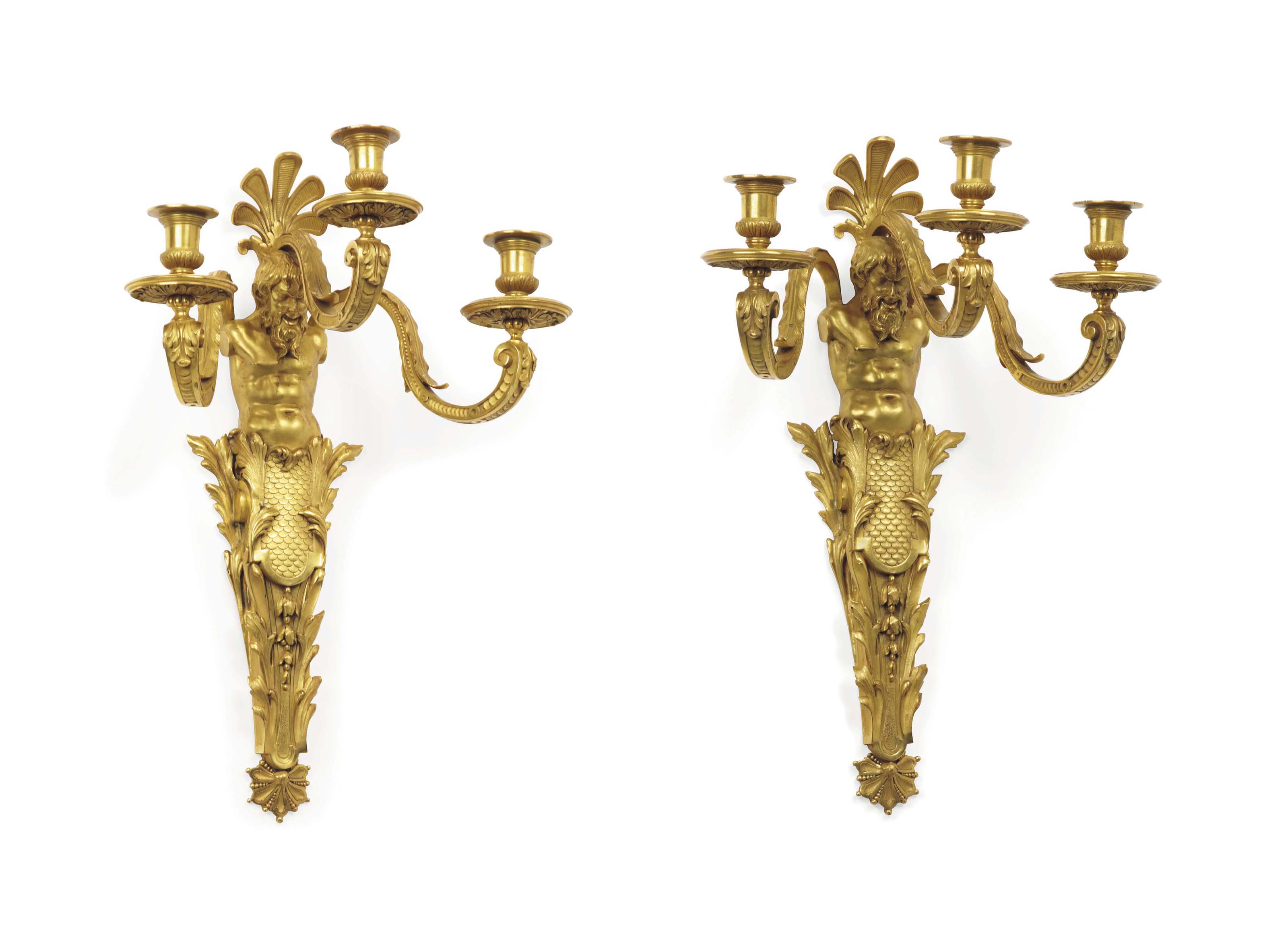 A PAIR OF FRENCH ORMOLU THREELIGHT WALLAPPLIQUES